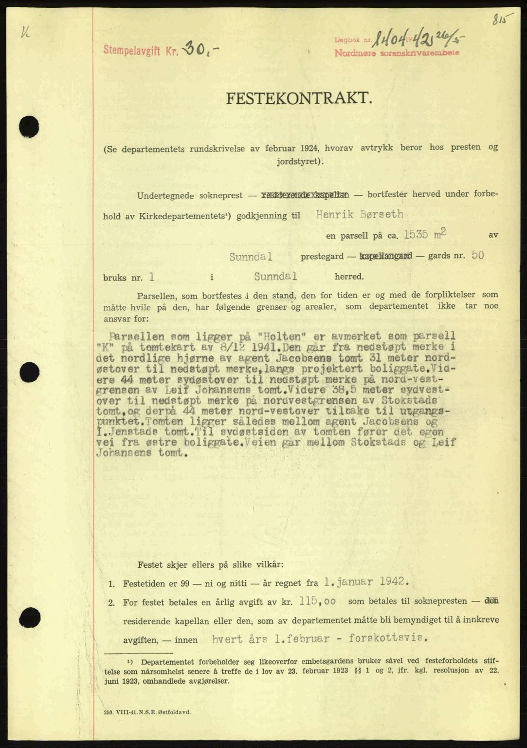 Nordmøre sorenskriveri, AV/SAT-A-4132/1/2/2Ca: Pantebok nr. A92, 1942-1942, Dagboknr: 1404/1942
