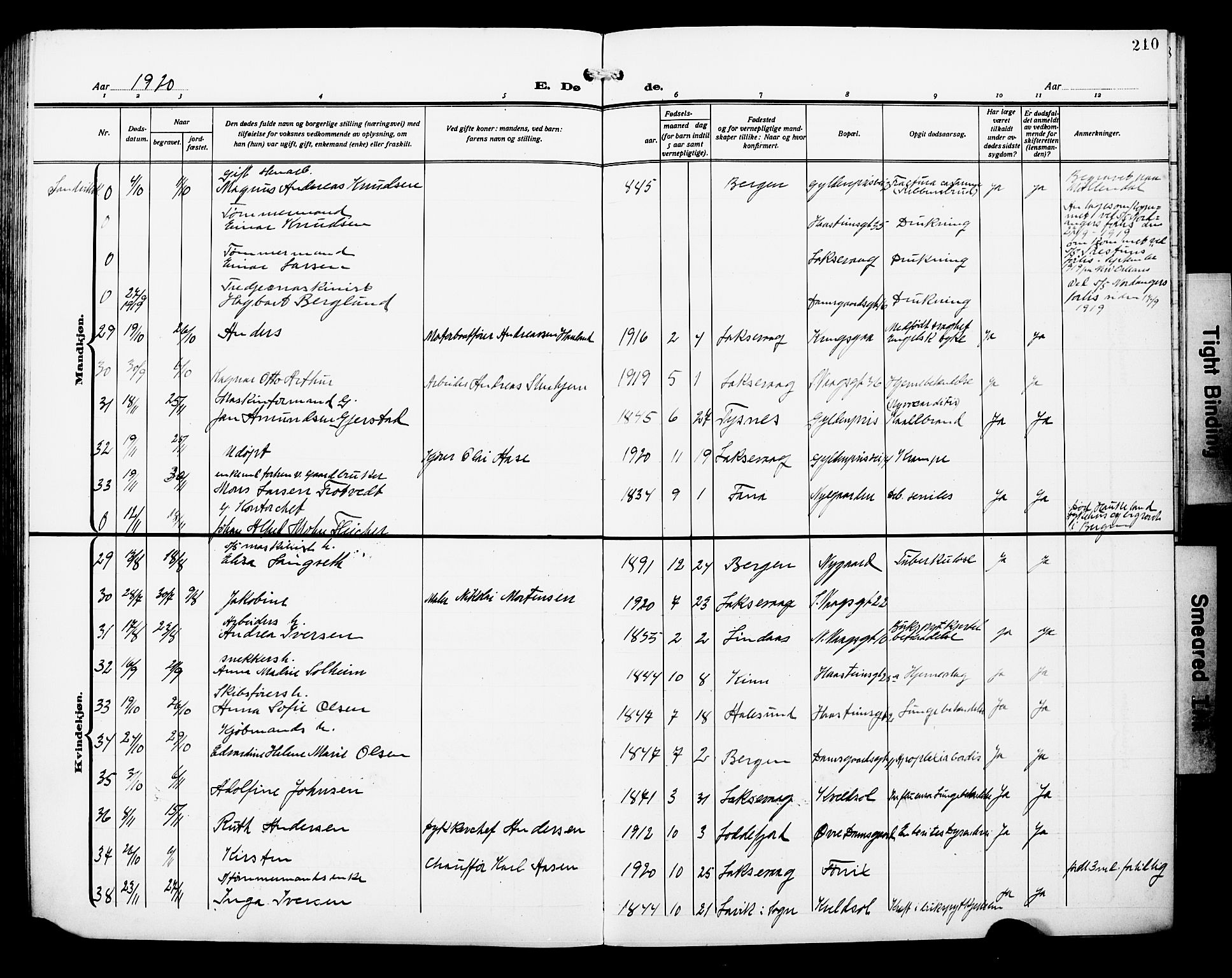 Laksevåg Sokneprestembete, AV/SAB-A-76501/H/Ha/Hab/Haba/L0006: Klokkerbok nr. A 6, 1917-1925, s. 210