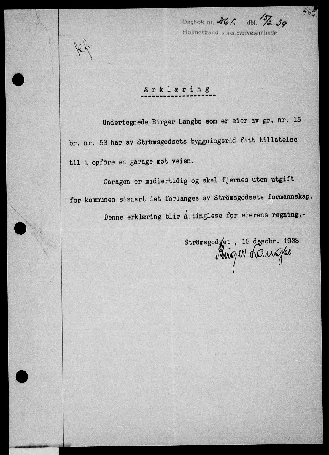 Holmestrand sorenskriveri, SAKO/A-67/G/Ga/Gaa/L0050: Pantebok nr. A-50, 1938-1939, Dagboknr: 261/1939