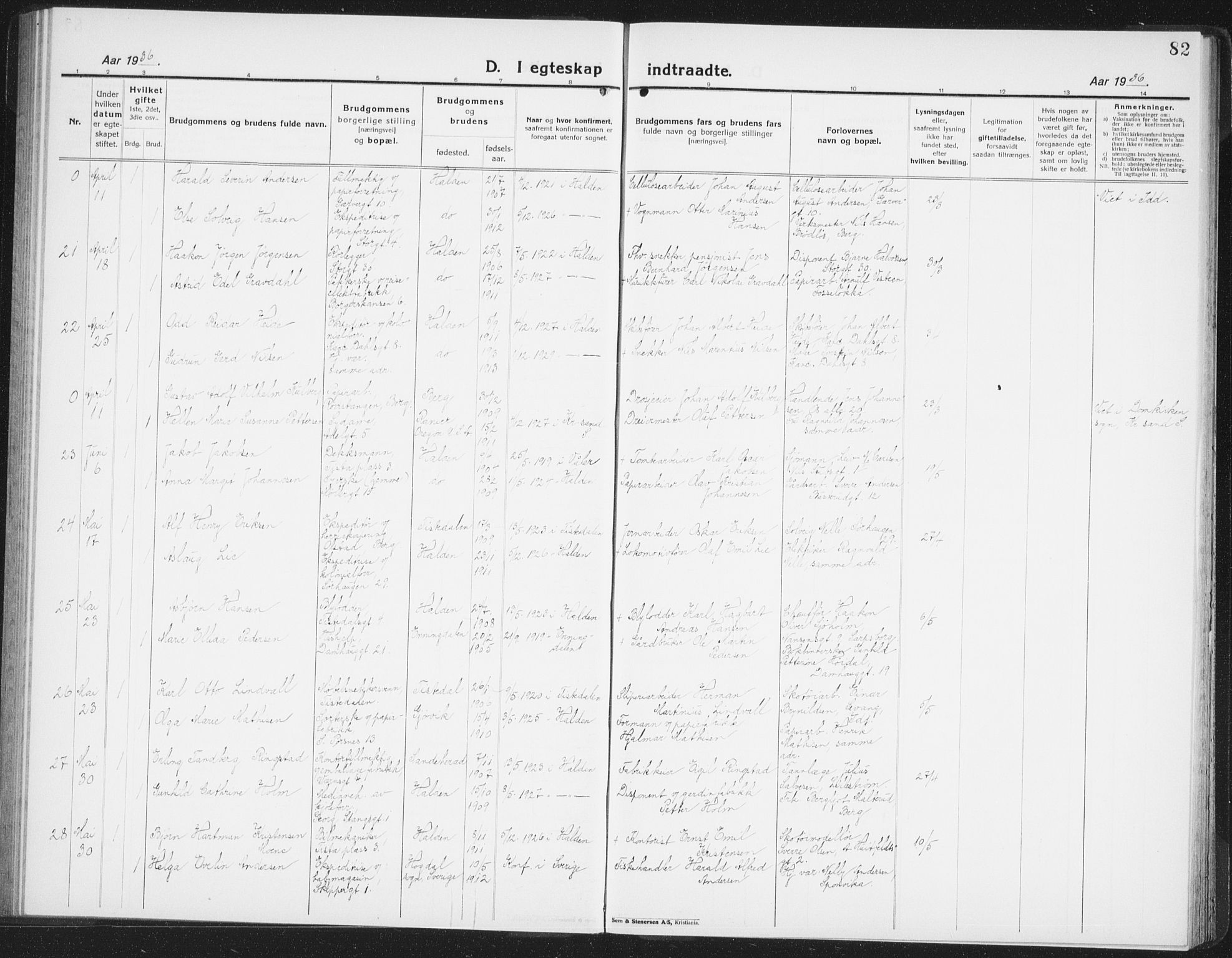 Halden prestekontor Kirkebøker, AV/SAO-A-10909/G/Ga/L0014: Klokkerbok nr. 14, 1925-1943, s. 82