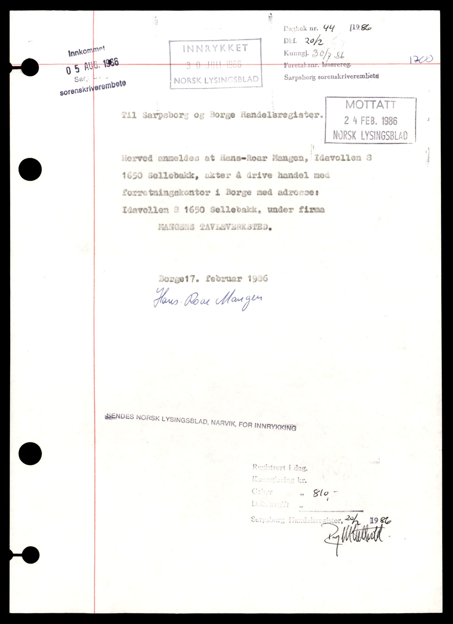 Sarpsborg tingrett, SAT/A-10471a/K/Kb/Kbe/L0007: Enkeltmannsforetak i Borge og Torsnes, M - Å, 1890-1989, s. 1