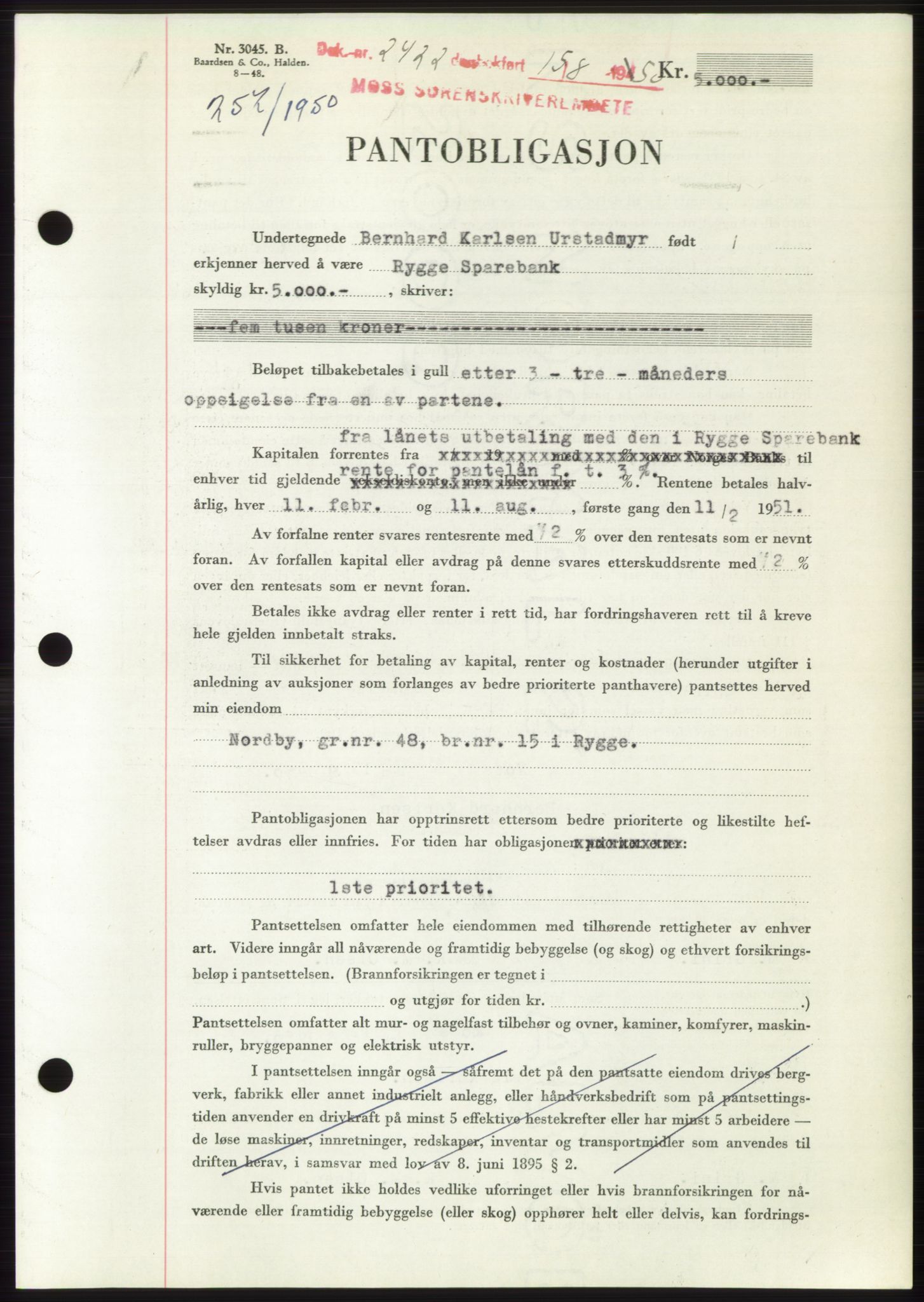 Moss sorenskriveri, SAO/A-10168: Pantebok nr. B25, 1950-1950, Dagboknr: 2422/1950