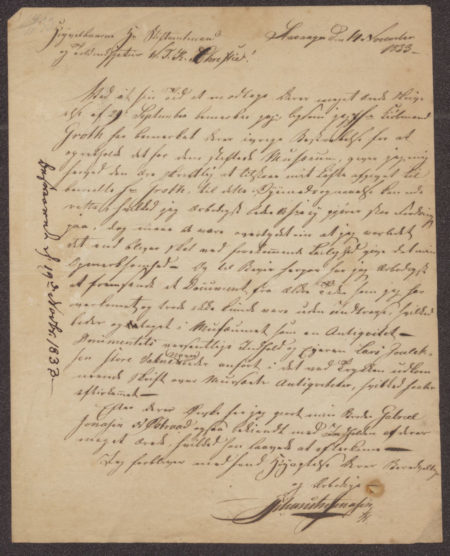 Bergens Museum, UMB/A007/D/Da/L0006/0002: Innkommende brev 1833 - 1834 / Innkommende brev 1833, 1833