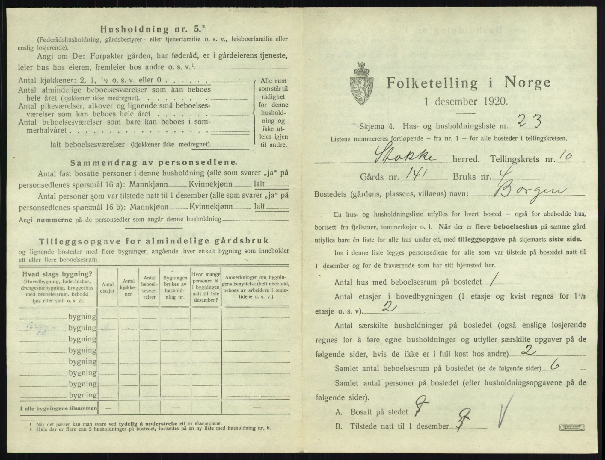 SAKO, Folketelling 1920 for 0720 Stokke herred, 1920, s. 1864
