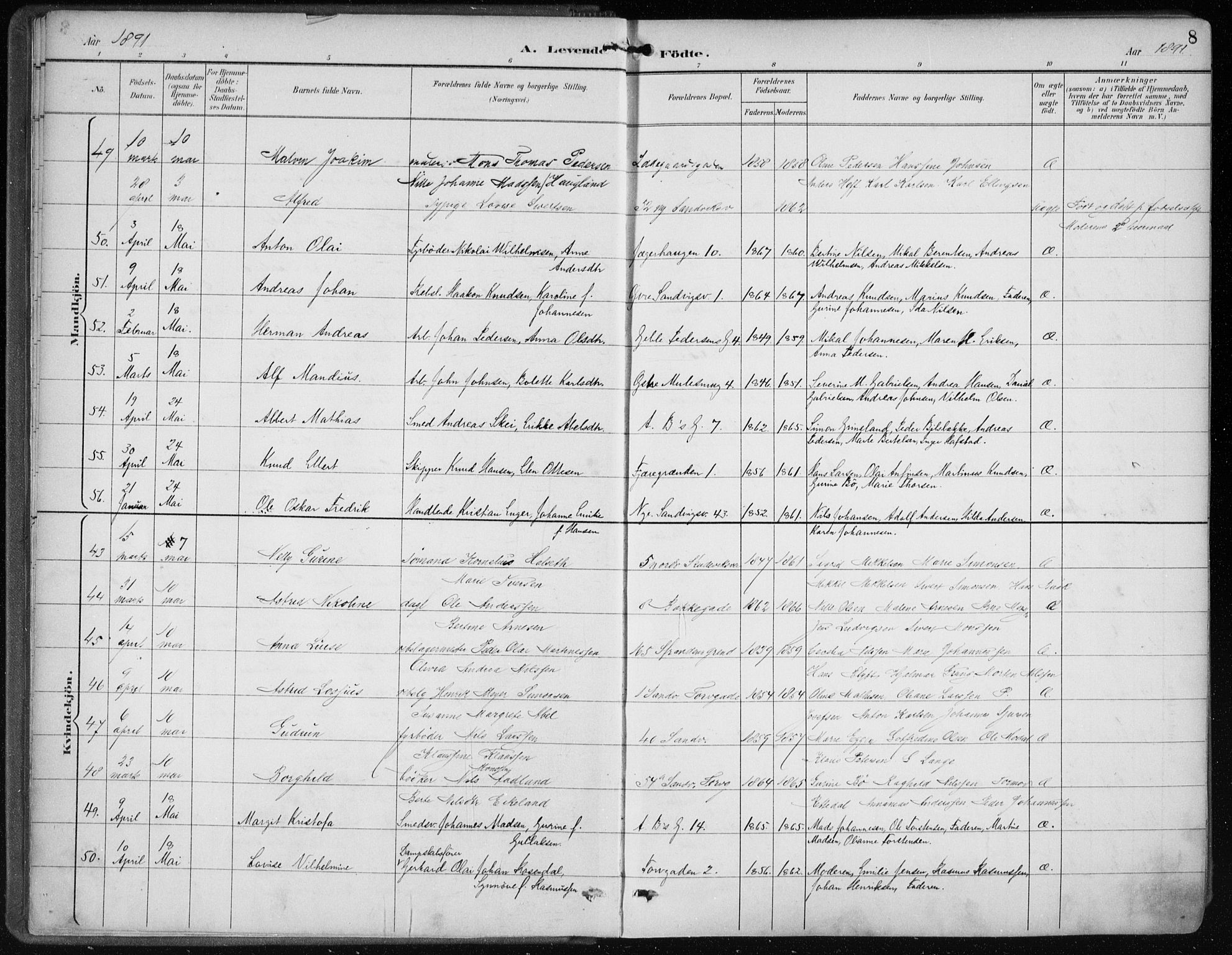 Sandviken Sokneprestembete, AV/SAB-A-77601/H/Ha/L0005: Ministerialbok nr. B 2, 1891-1901, s. 8