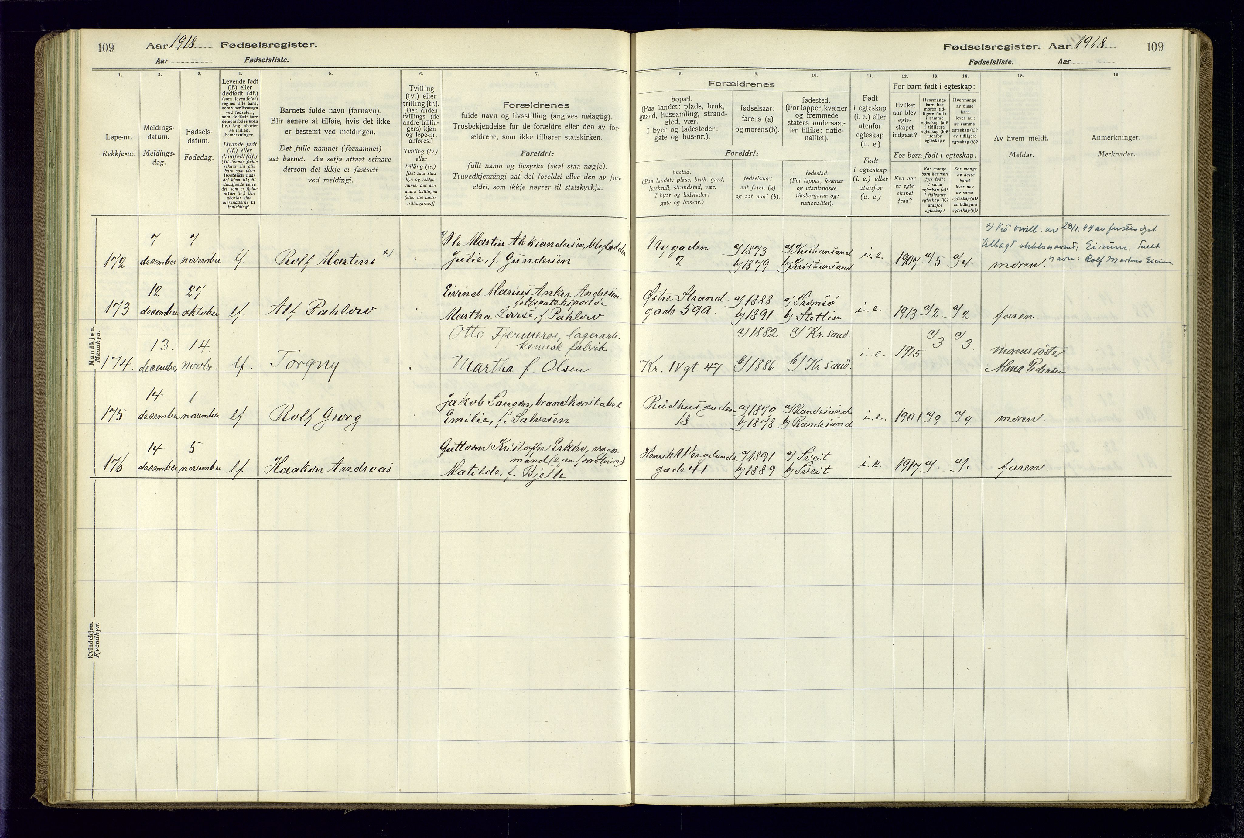 Kristiansand domprosti, AV/SAK-1112-0006/J/Jc/L0001: Fødselsregister nr. A-VI-45, 1916-1921, s. 109