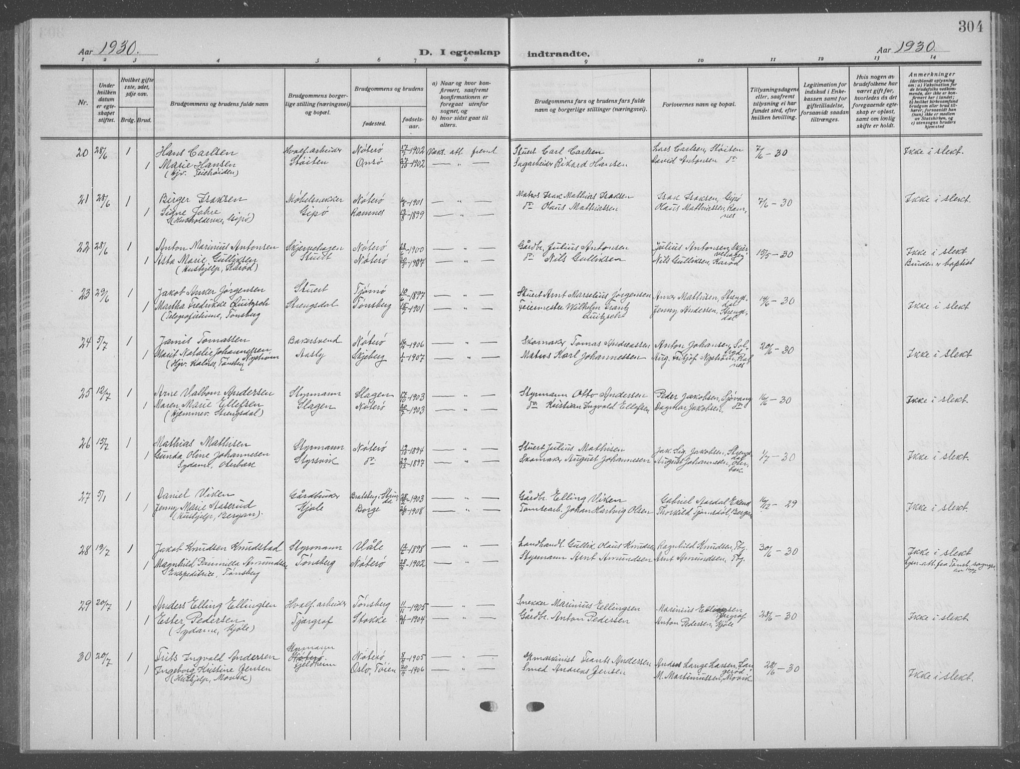 Nøtterøy kirkebøker, AV/SAKO-A-354/G/Ga/L0006: Klokkerbok nr. I 6, 1925-1939, s. 304