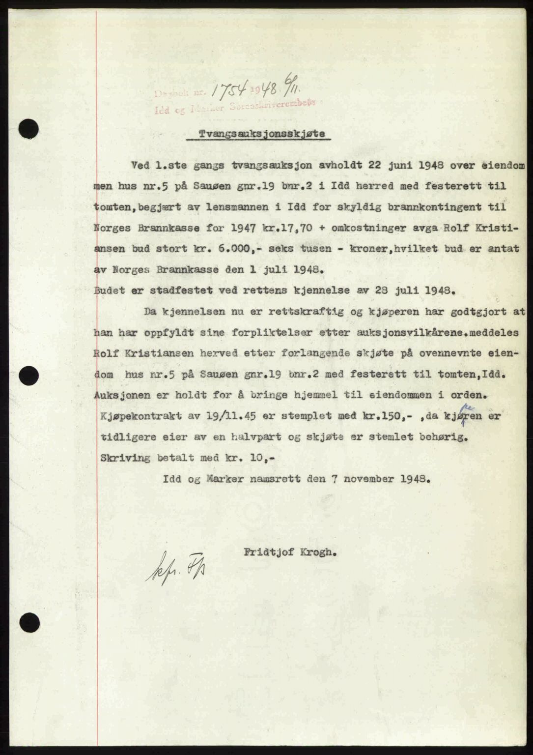 Idd og Marker sorenskriveri, SAO/A-10283/G/Gb/Gbb/L0011: Pantebok nr. A11, 1948-1949, Dagboknr: 1754/1948