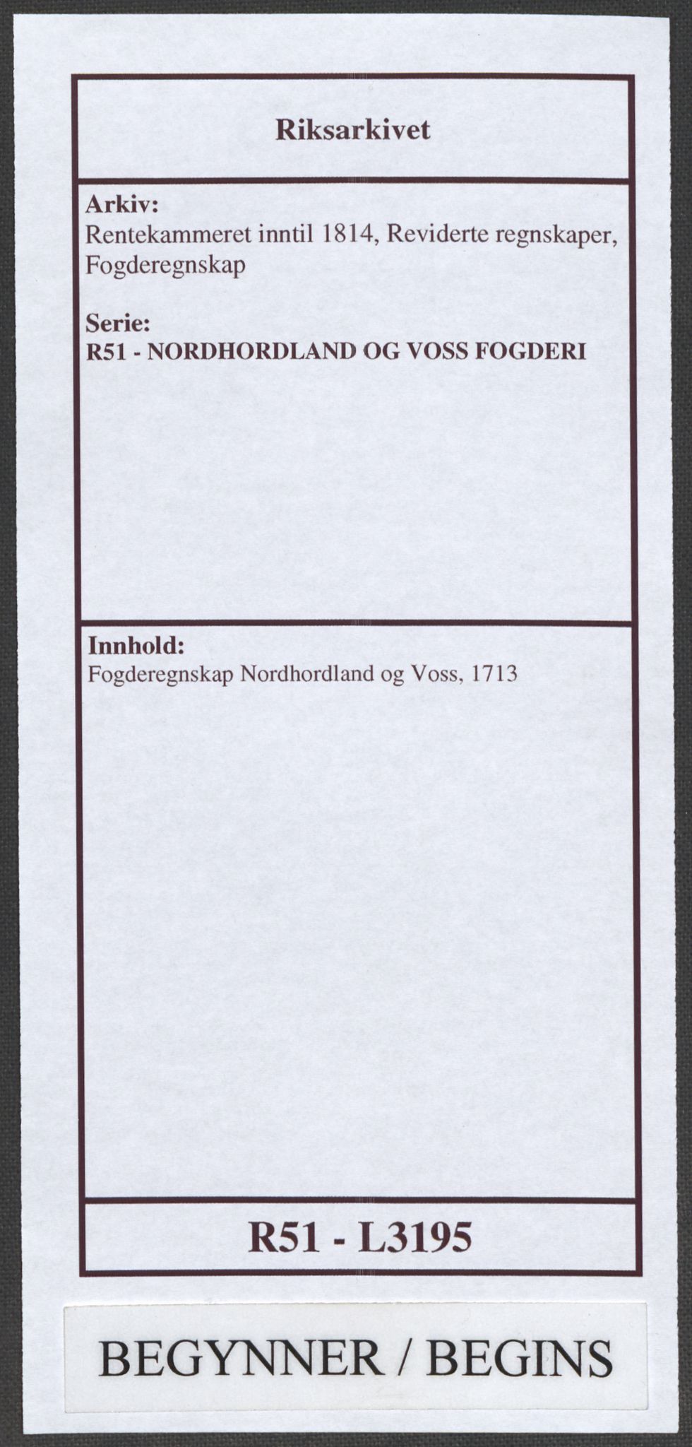 Rentekammeret inntil 1814, Reviderte regnskaper, Fogderegnskap, RA/EA-4092/R51/L3195: Fogderegnskap Nordhordland og Voss, 1713, s. 1
