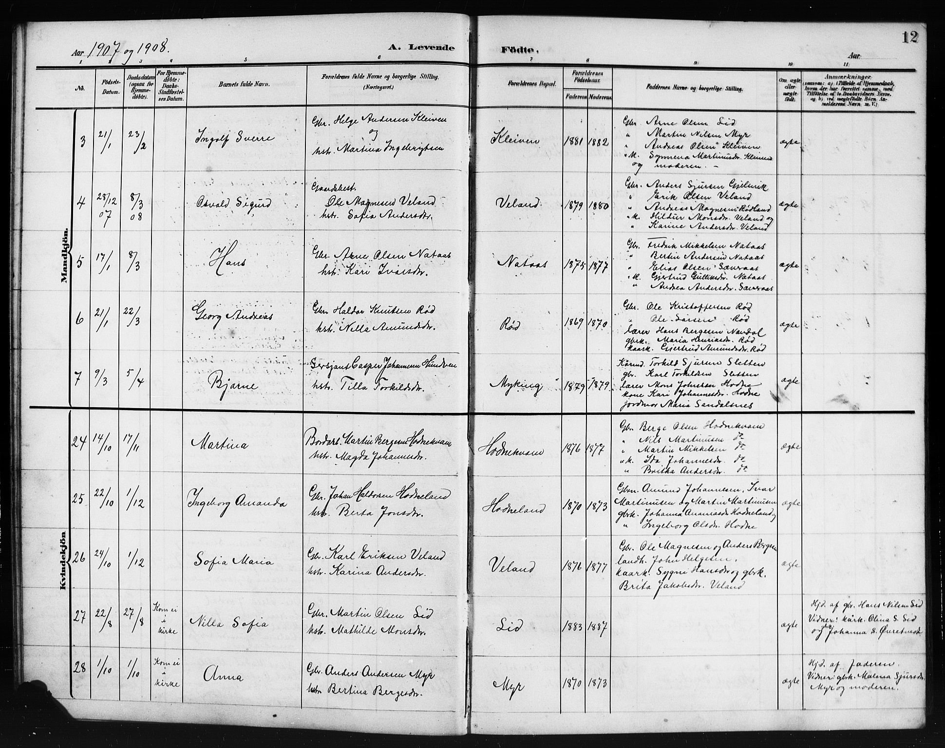 Lindås Sokneprestembete, AV/SAB-A-76701/H/Hab/Habe/L0004: Klokkerbok nr. E 4, 1906-1921, s. 12