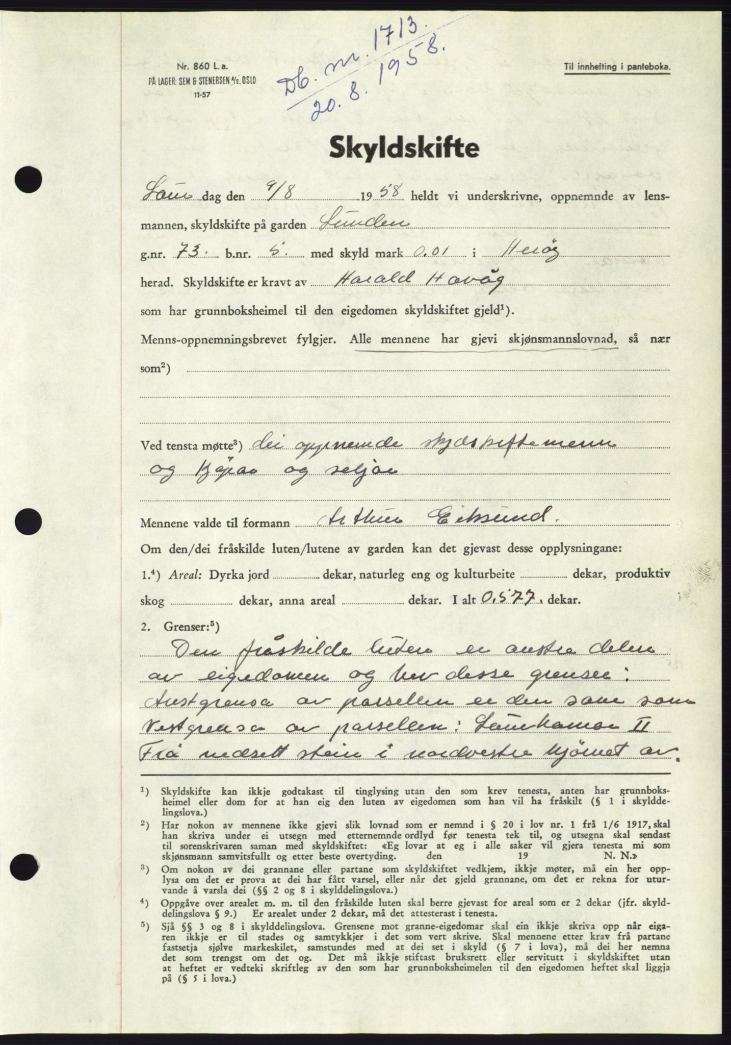 Søre Sunnmøre sorenskriveri, AV/SAT-A-4122/1/2/2C/L0110: Pantebok nr. 36A, 1958-1958, Dagboknr: 1713/1958