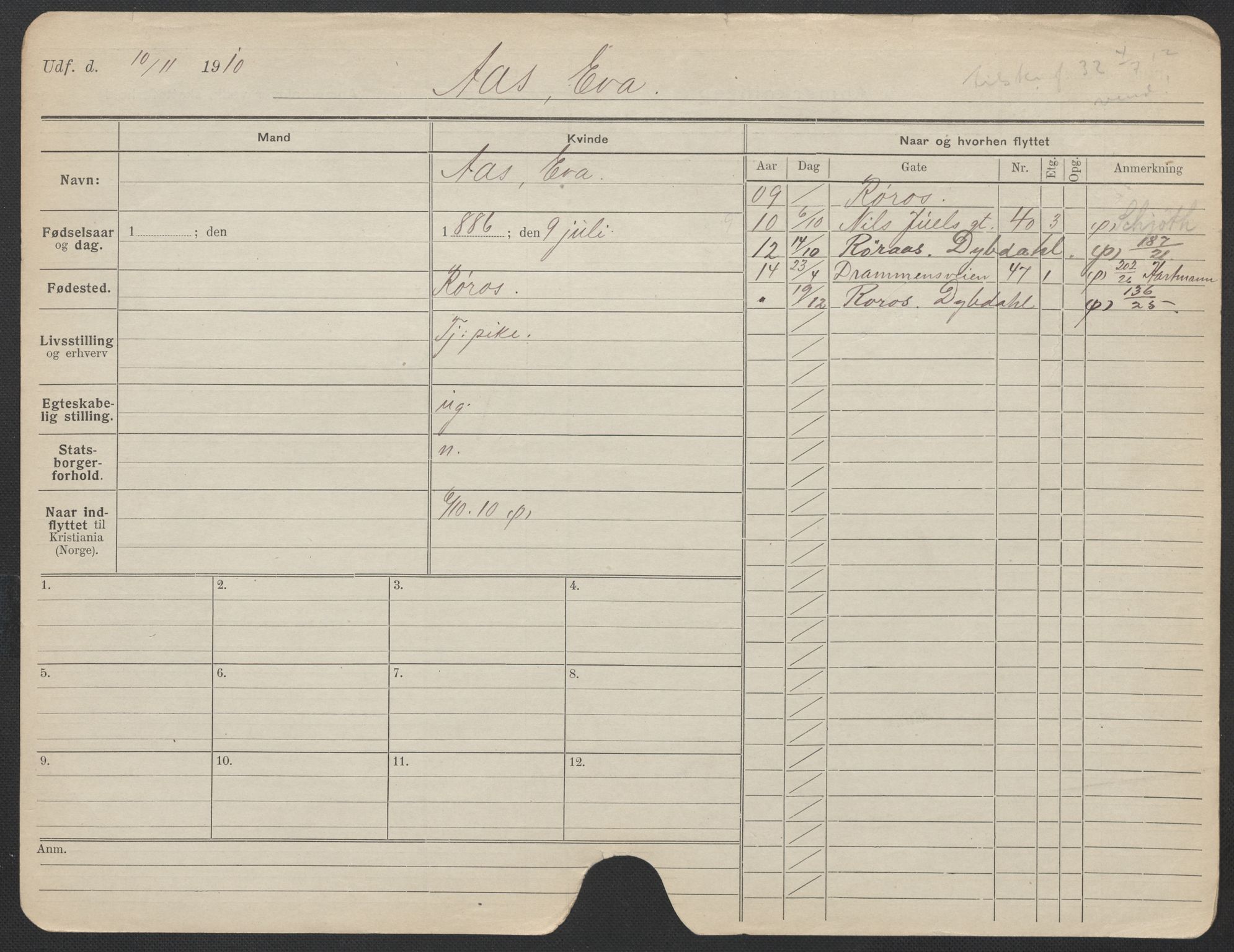 Oslo folkeregister, Registerkort, AV/SAO-A-11715/F/Fa/Fac/L0025: Kvinner, 1906-1914, s. 1252a