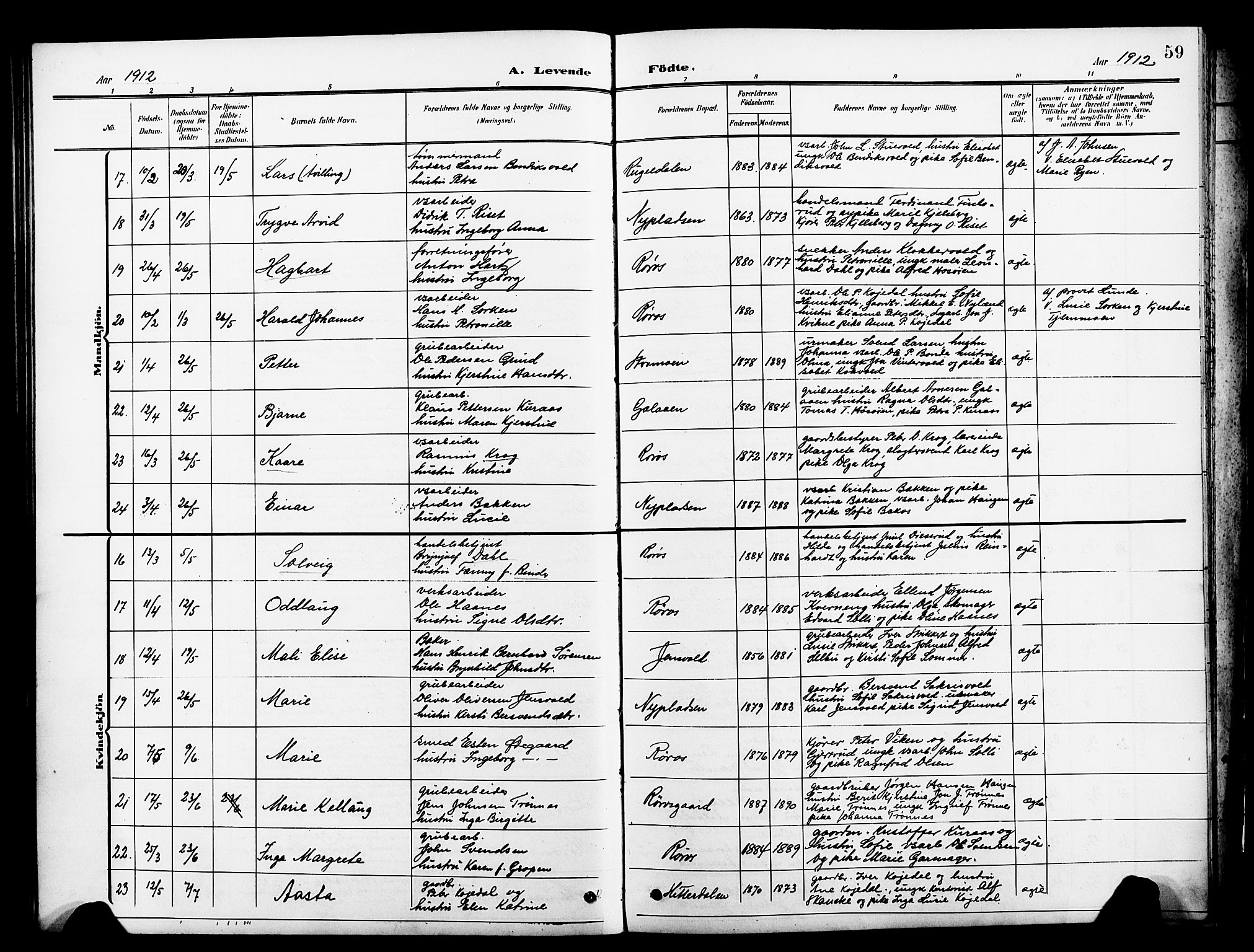 Ministerialprotokoller, klokkerbøker og fødselsregistre - Sør-Trøndelag, SAT/A-1456/681/L0942: Klokkerbok nr. 681C06, 1906-1925, s. 59