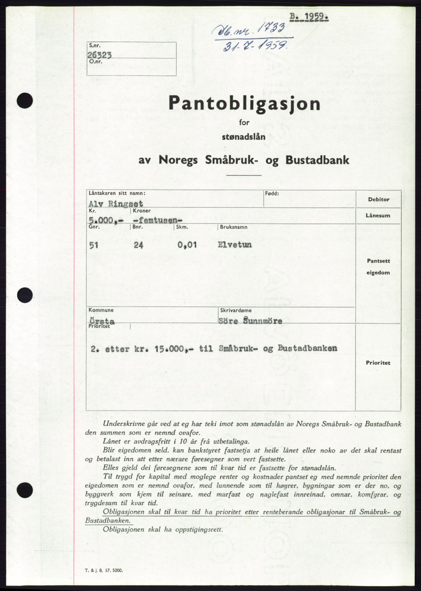 Søre Sunnmøre sorenskriveri, SAT/A-4122/1/2/2C/L0133: Pantebok nr. 21B, 1959-1959, Dagboknr: 1733/1959