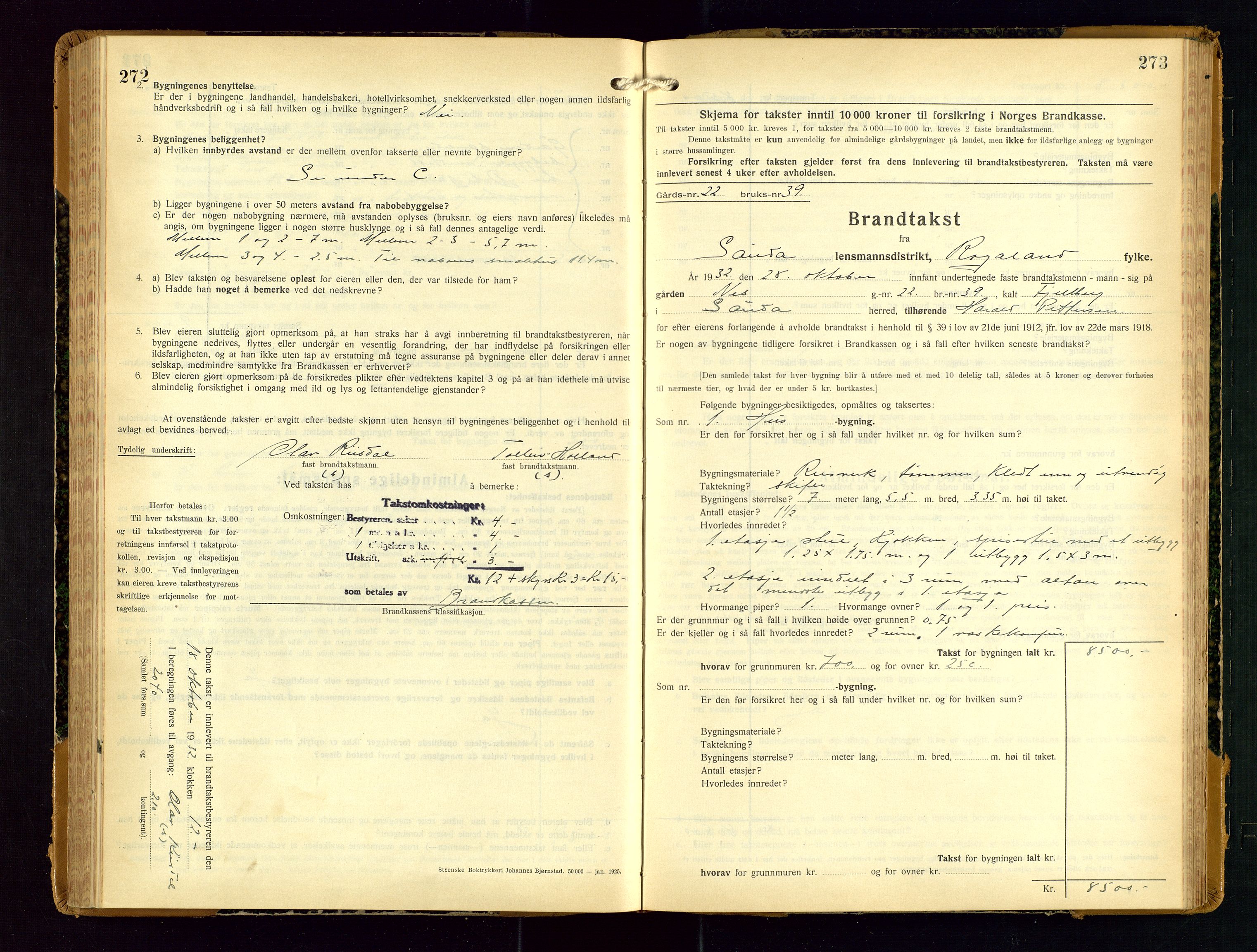 Sauda lensmannskontor, SAST/A-100177/Gob/L0003: Branntakstprotokoll - skjematakst, 1928-1936, s. 272-273