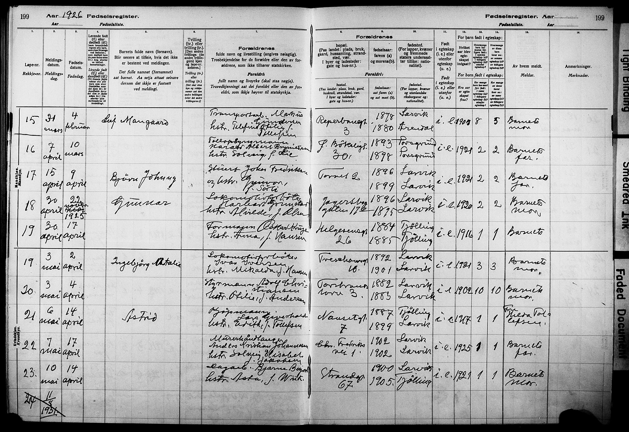 Larvik kirkebøker, AV/SAKO-A-352/J/Ja/L0001: Fødselsregister nr. I 1, 1916-1926, s. 199