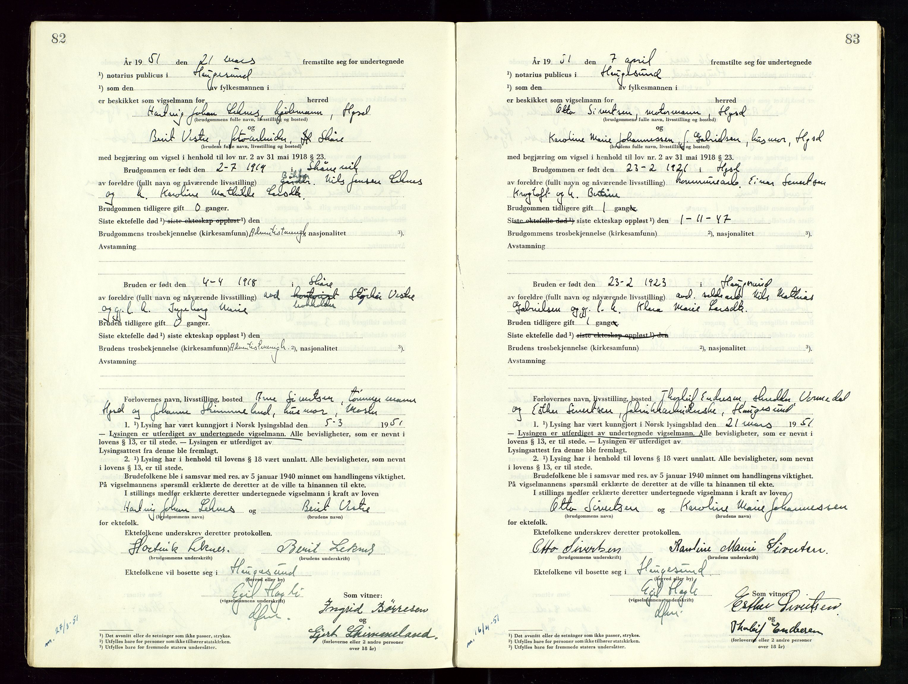 Haugesund tingrett, SAST/A-101415/01/III/IIID/L0006: Vigselbok, 1948-1956, s. 82-83