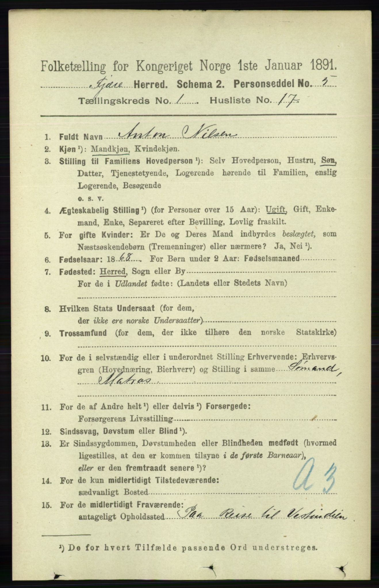 RA, Folketelling 1891 for 0923 Fjære herred, 1891, s. 237
