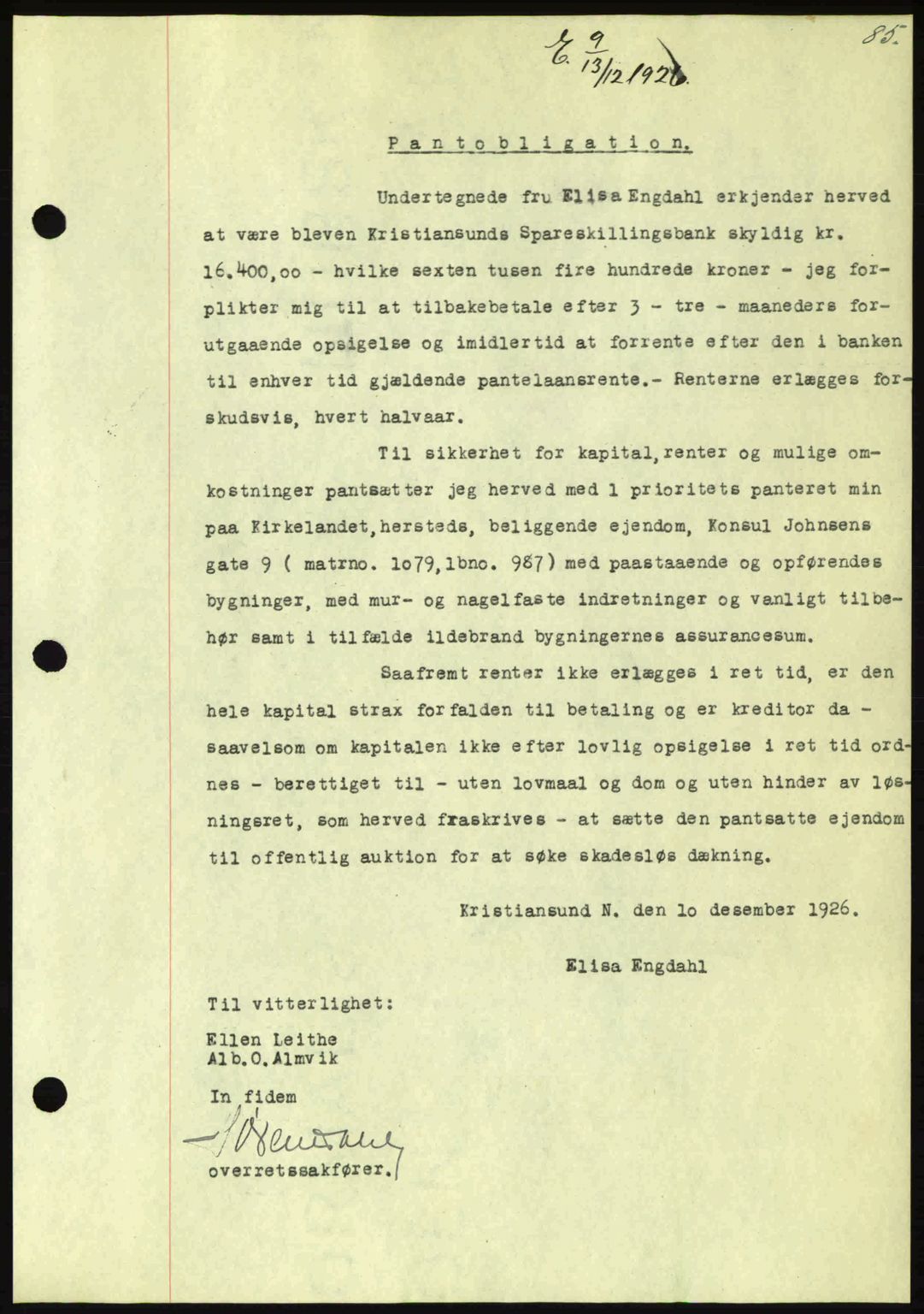 Kristiansund byfogd, AV/SAT-A-4587/A/27: Pantebok nr. 21, 1926-1928, Tingl.dato: 13.12.1926