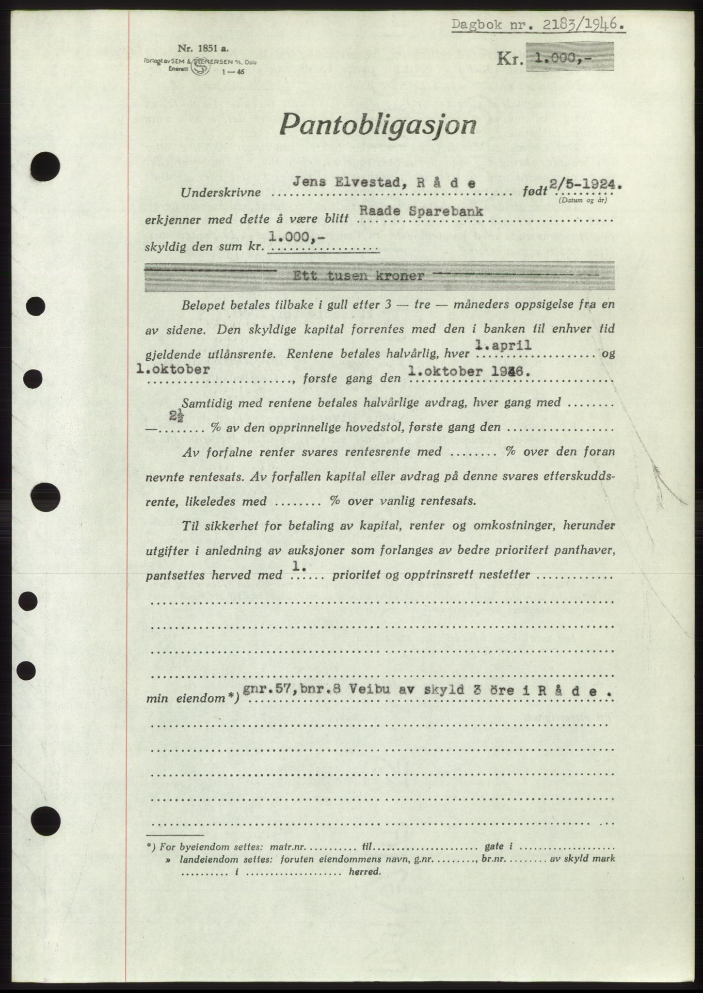 Moss sorenskriveri, SAO/A-10168: Pantebok nr. B15, 1946-1946, Dagboknr: 2183/1946