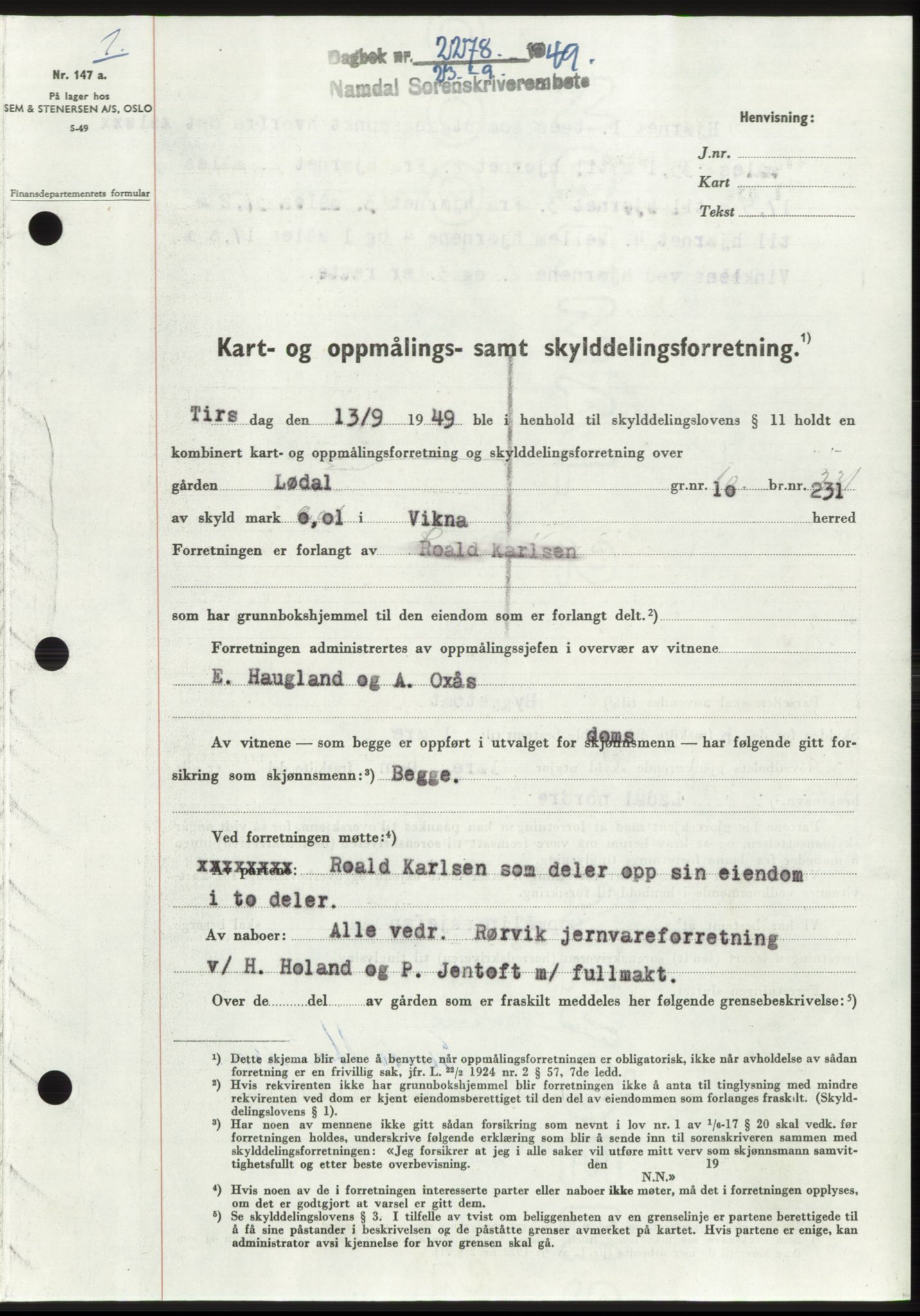 Namdal sorenskriveri, SAT/A-4133/1/2/2C: Pantebok nr. -, 1949-1949, Dagboknr: 2278/1949