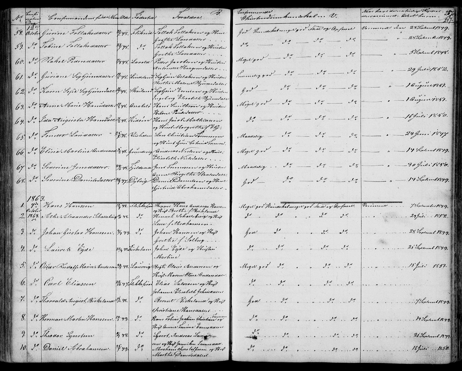 Flekkefjord sokneprestkontor, SAK/1111-0012/F/Fb/Fbc/L0005: Klokkerbok nr. B 5, 1846-1866, s. 257