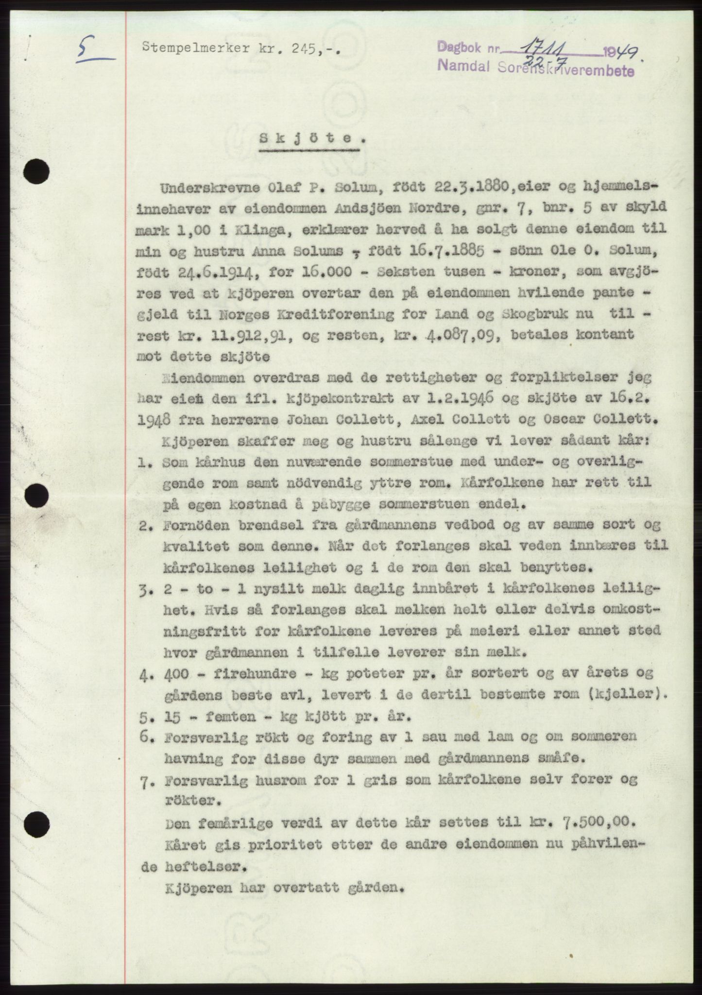 Namdal sorenskriveri, SAT/A-4133/1/2/2C: Pantebok nr. -, 1949-1949, Dagboknr: 1711/1949