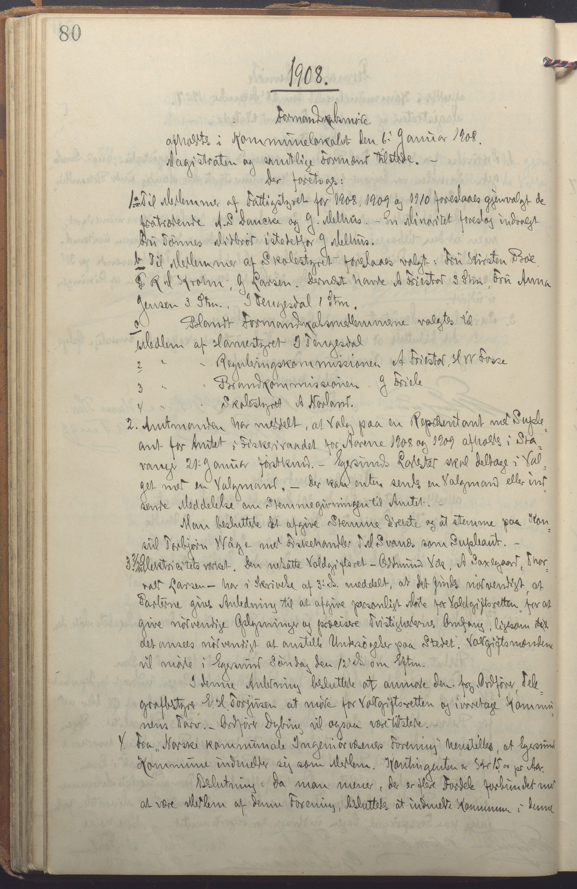 Egersund kommune (Ladested) - Formannskapet, IKAR/K-100502/A/L0007: Forhandlingsprotokoll, 1907-1912, s. 80