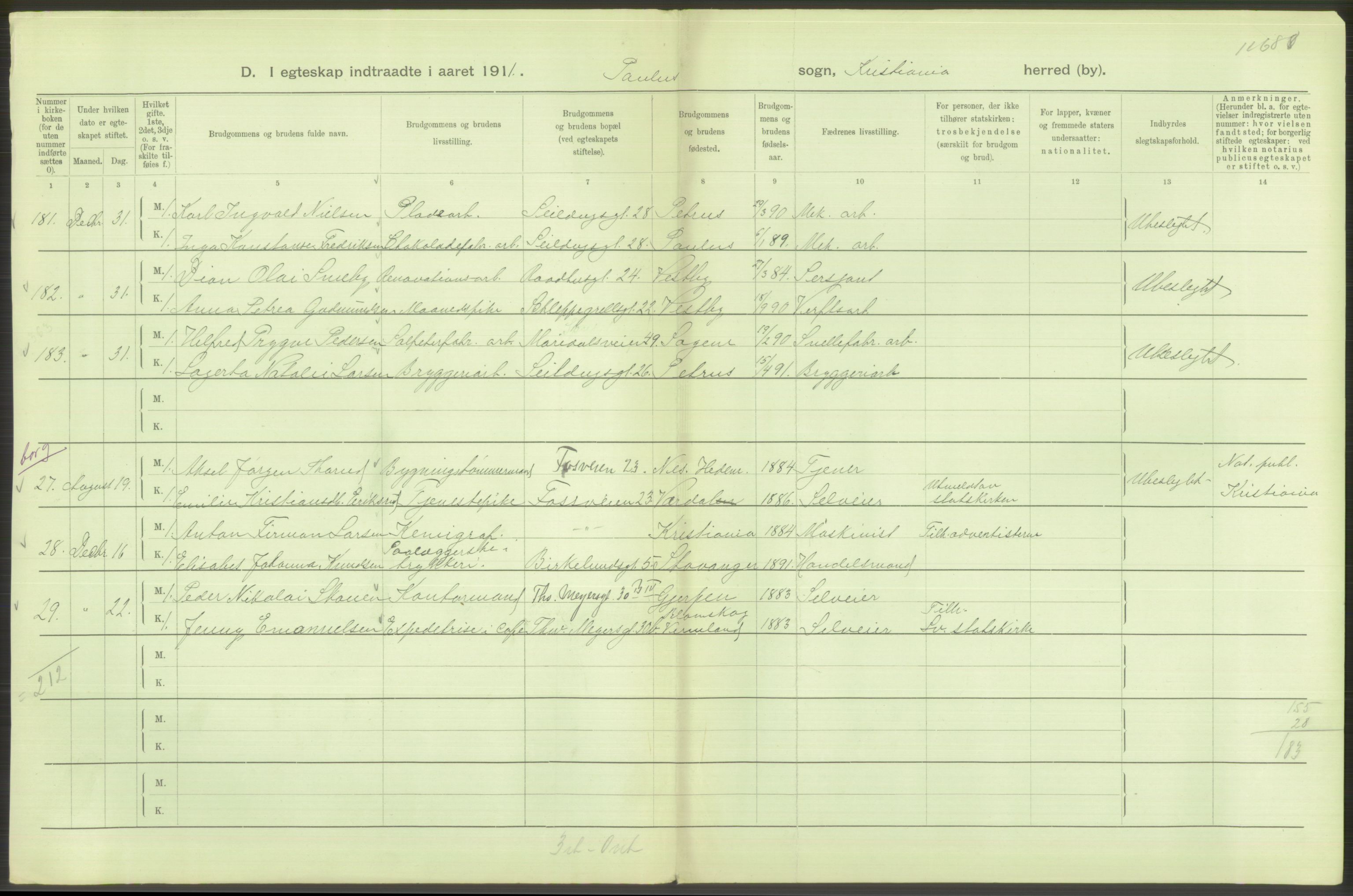 Statistisk sentralbyrå, Sosiodemografiske emner, Befolkning, AV/RA-S-2228/D/Df/Dfb/Dfba/L0008: Kristiania: Gifte, 1911, s. 112