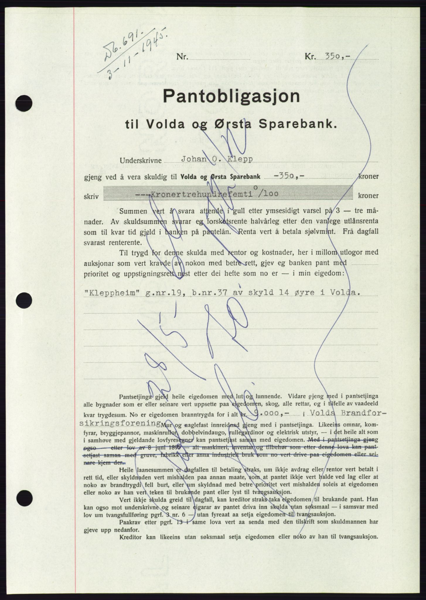 Søre Sunnmøre sorenskriveri, AV/SAT-A-4122/1/2/2C/L0114: Pantebok nr. 1-2B, 1943-1947, Dagboknr: 691/1945