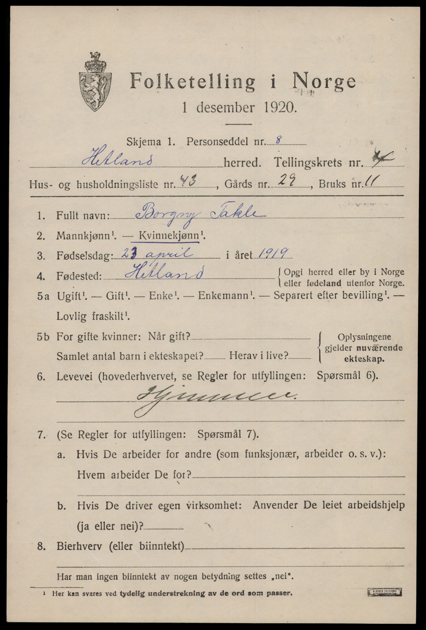 SAST, Folketelling 1920 for 1126 Hetland herred, 1920, s. 6787