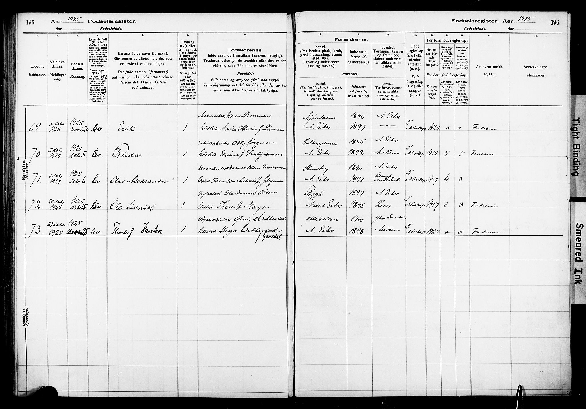 Nedre Eiker kirkebøker, AV/SAKO-A-612/J/Ja/L0001: Fødselsregister nr. 1, 1916-1925, s. 196