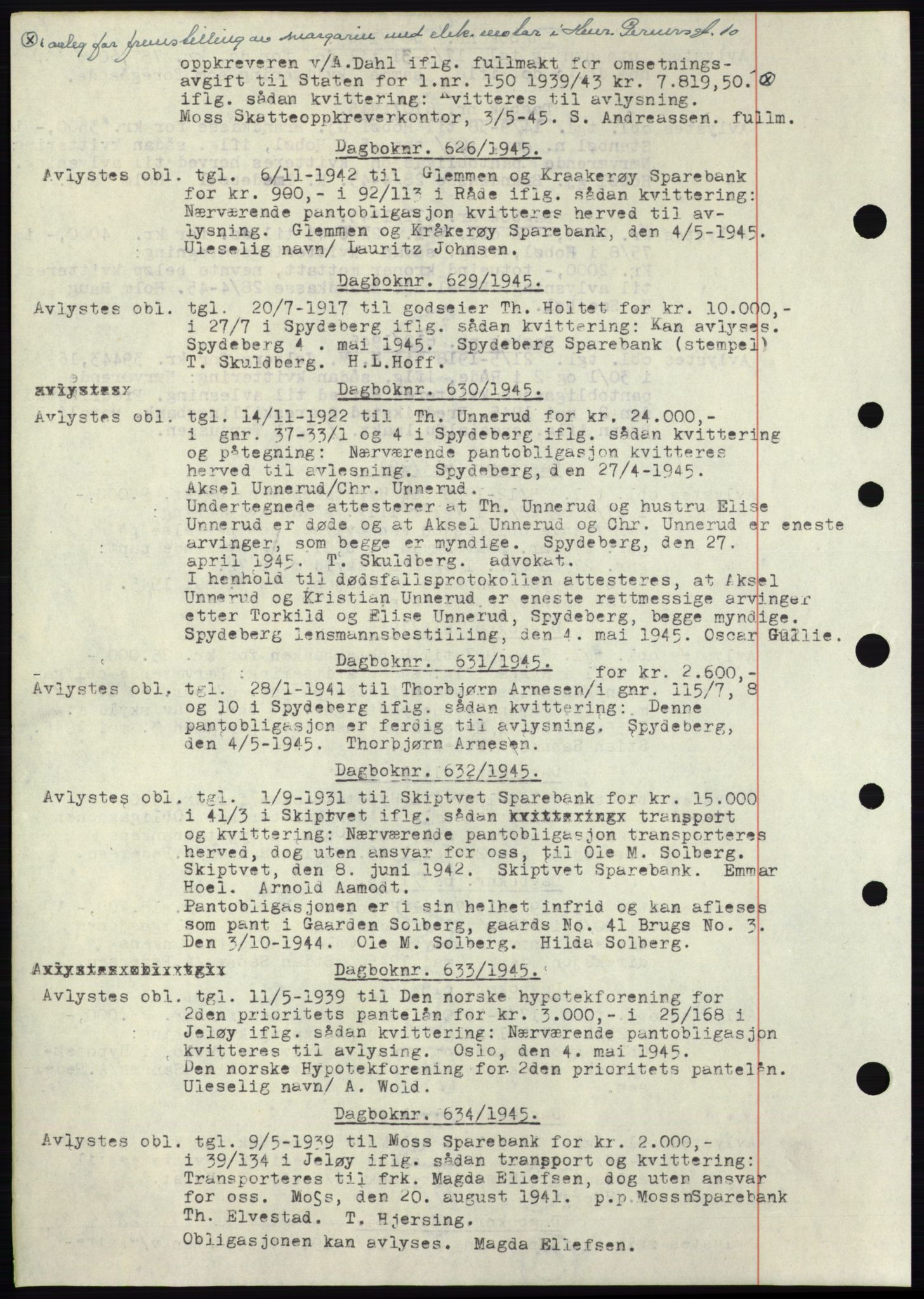 Moss sorenskriveri, SAO/A-10168: Pantebok nr. C10, 1938-1950, Dagboknr: 626/1945