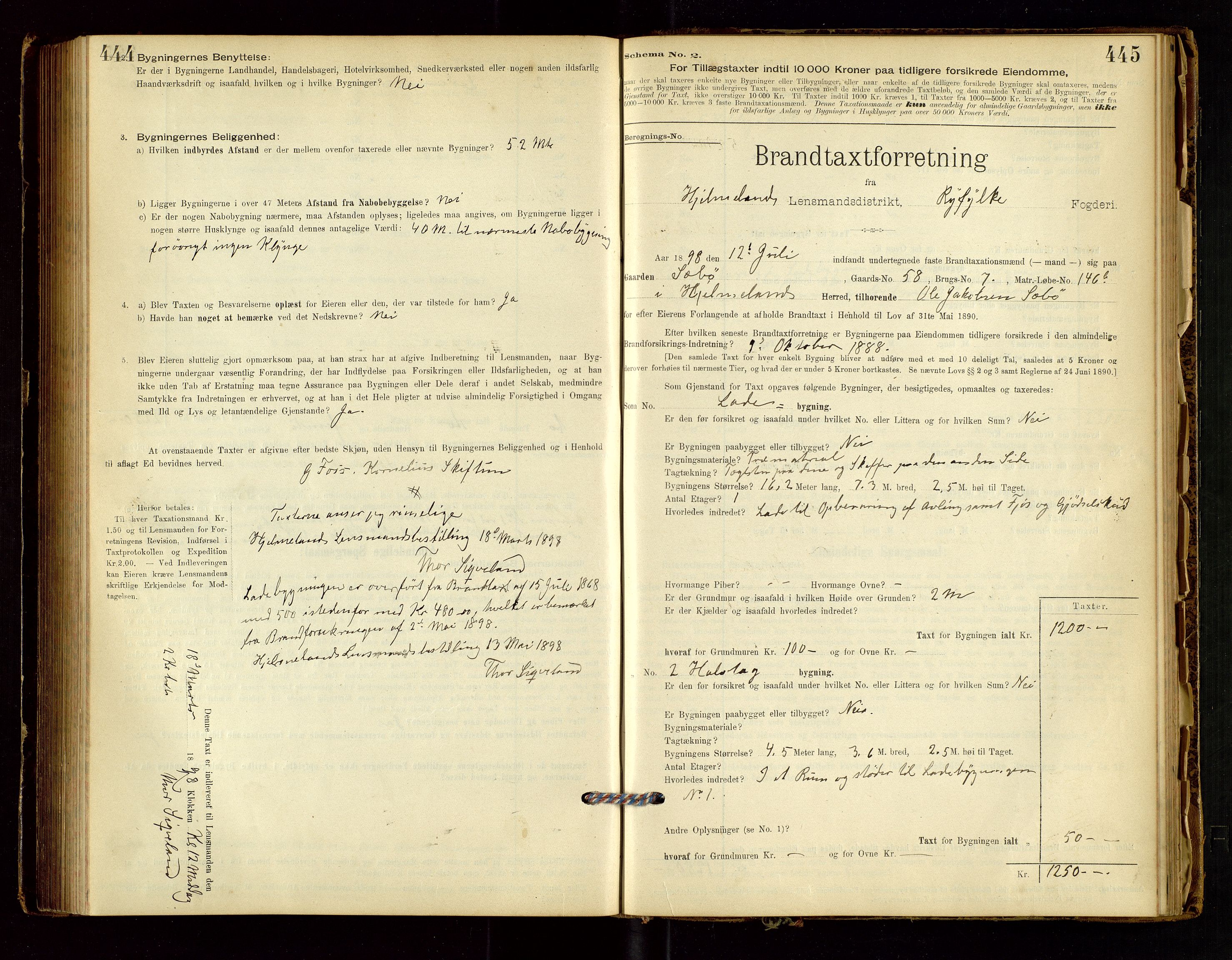Hjelmeland lensmannskontor, SAST/A-100439/Gob/L0001: "Brandtaxationsprotokol", 1895-1932, s. 444-445