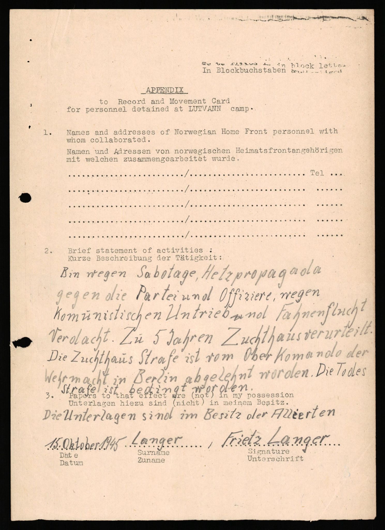 Forsvaret, Forsvarets overkommando II, AV/RA-RAFA-3915/D/Db/L0039: CI Questionaires. Tyske okkupasjonsstyrker i Norge. Østerrikere., 1945-1946, s. 250