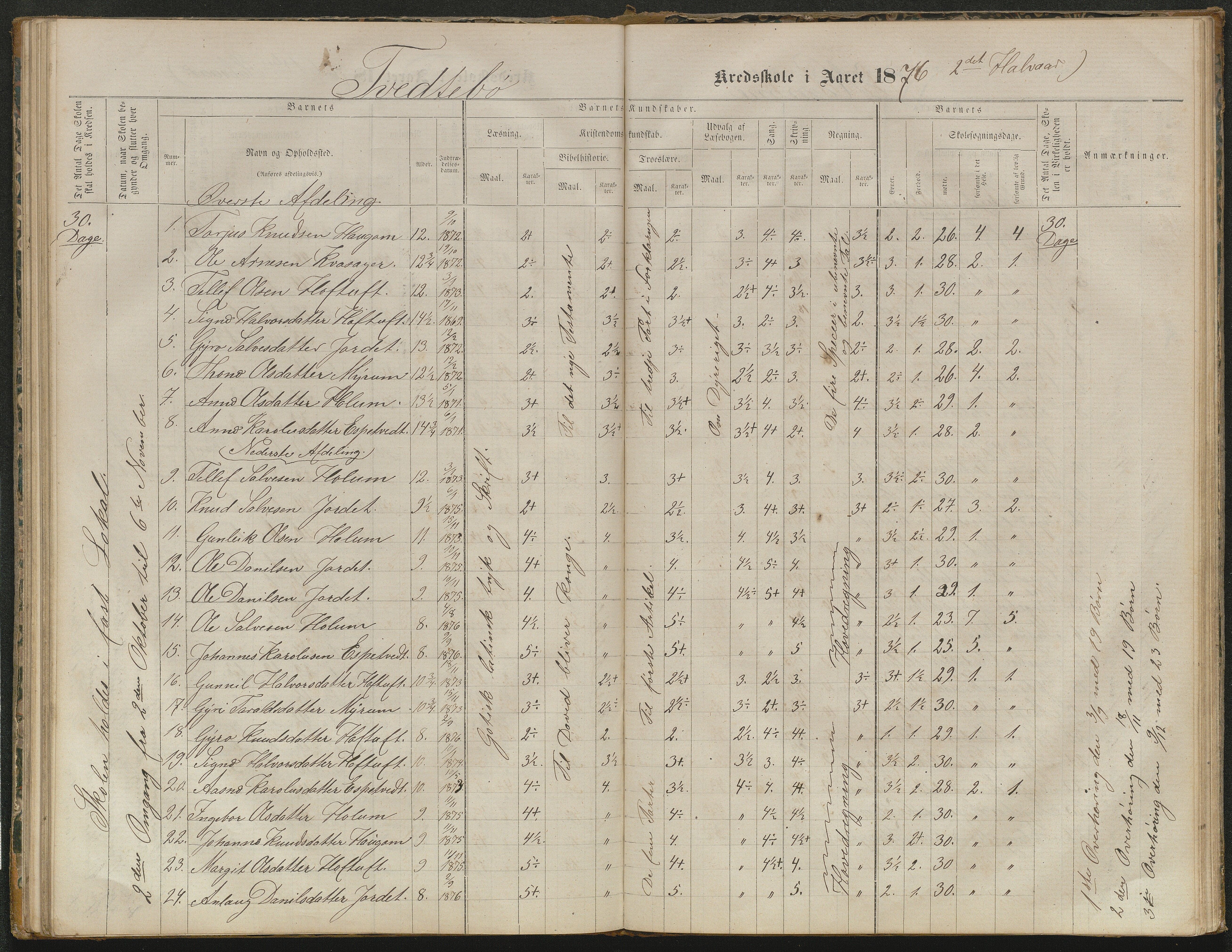 Valle kommune, AAKS/KA0940-PK/03/L0052: Karakterprotokoll for Homme skule. Karakterprotokoll for Oveinang skule. Karakterprotokoll for Tveitebø skule. Karakterprotokoll for den frivillige undervisning i Homme, 1863-1882