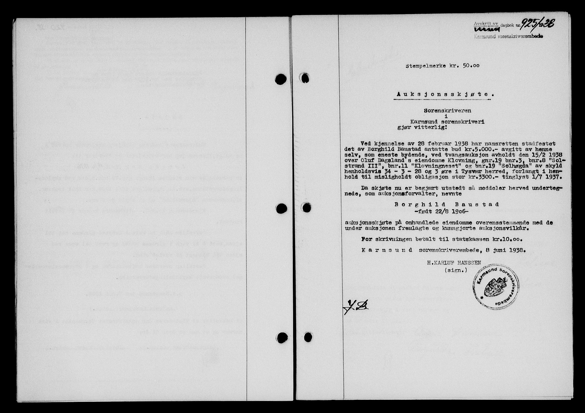Karmsund sorenskriveri, SAST/A-100311/01/II/IIB/L0069: Pantebok nr. 50A, 1937-1938, Dagboknr: 925/1938