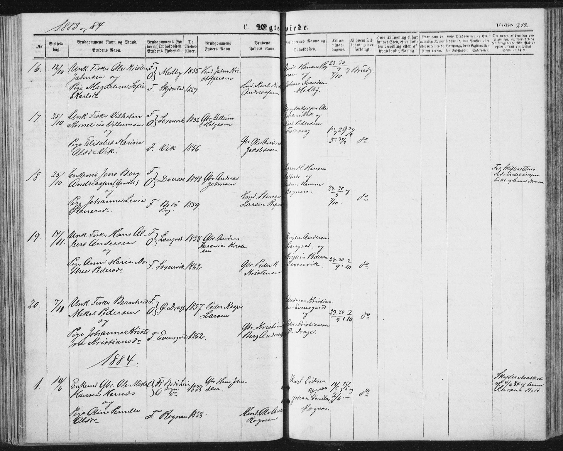 Ministerialprotokoller, klokkerbøker og fødselsregistre - Nordland, AV/SAT-A-1459/847/L0668: Ministerialbok nr. 847A08, 1872-1886, s. 212