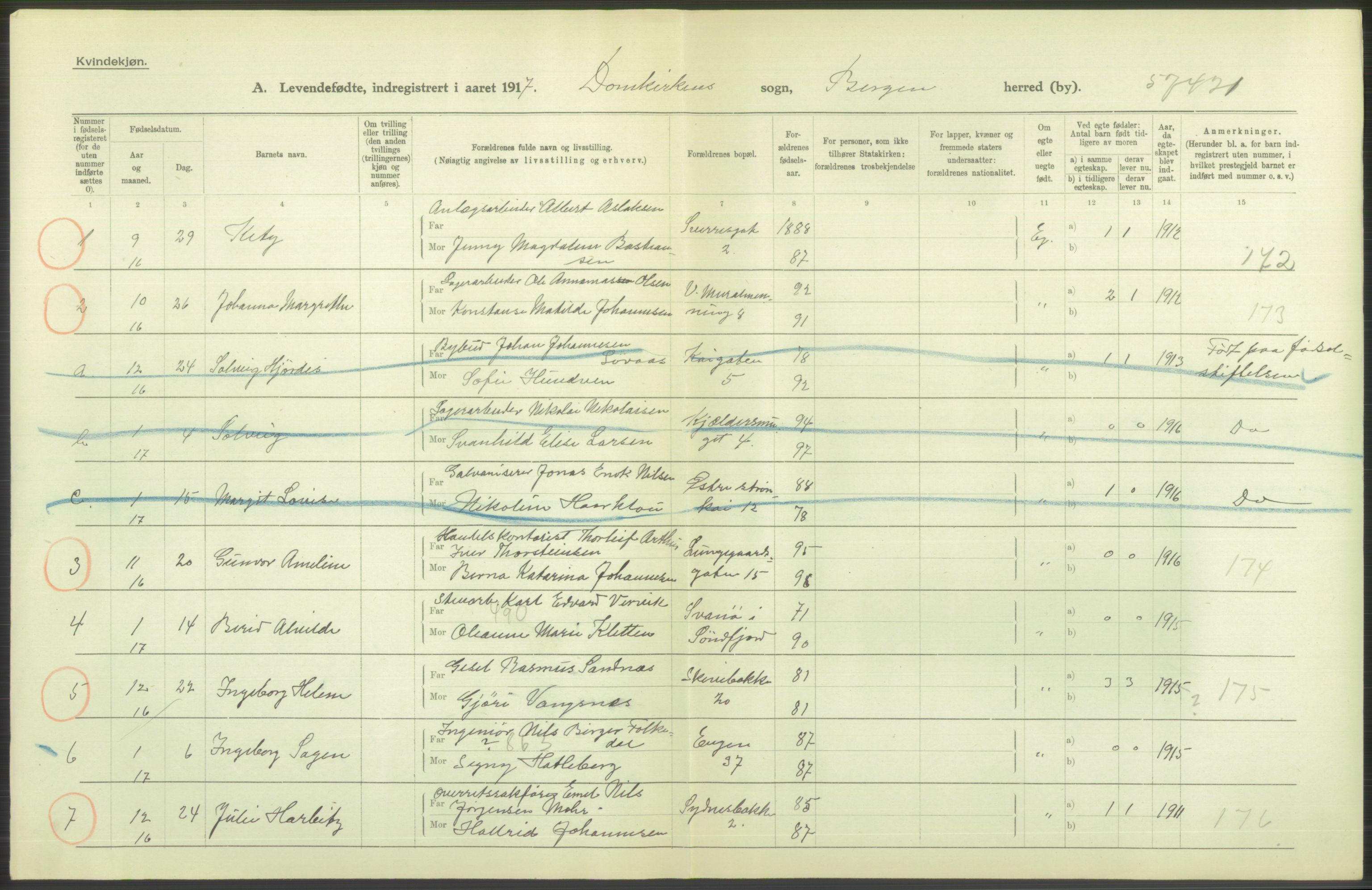 Statistisk sentralbyrå, Sosiodemografiske emner, Befolkning, AV/RA-S-2228/D/Df/Dfb/Dfbg/L0037: Bergen: Levendefødte menn og kvinner., 1917, s. 32
