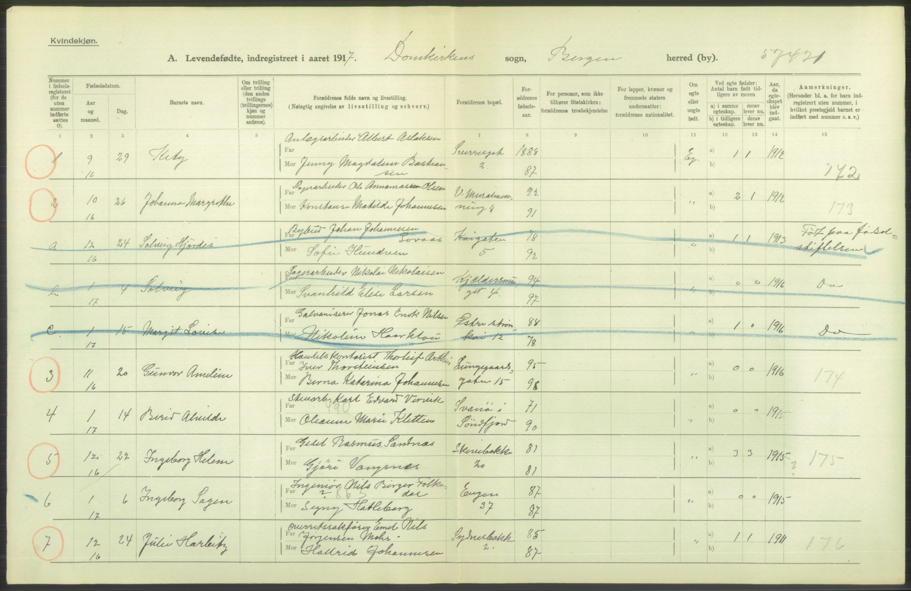 Statistisk sentralbyrå, Sosiodemografiske emner, Befolkning, RA/S-2228/D/Df/Dfb/Dfbg/L0037: Bergen: Levendefødte menn og kvinner., 1917, s. 32