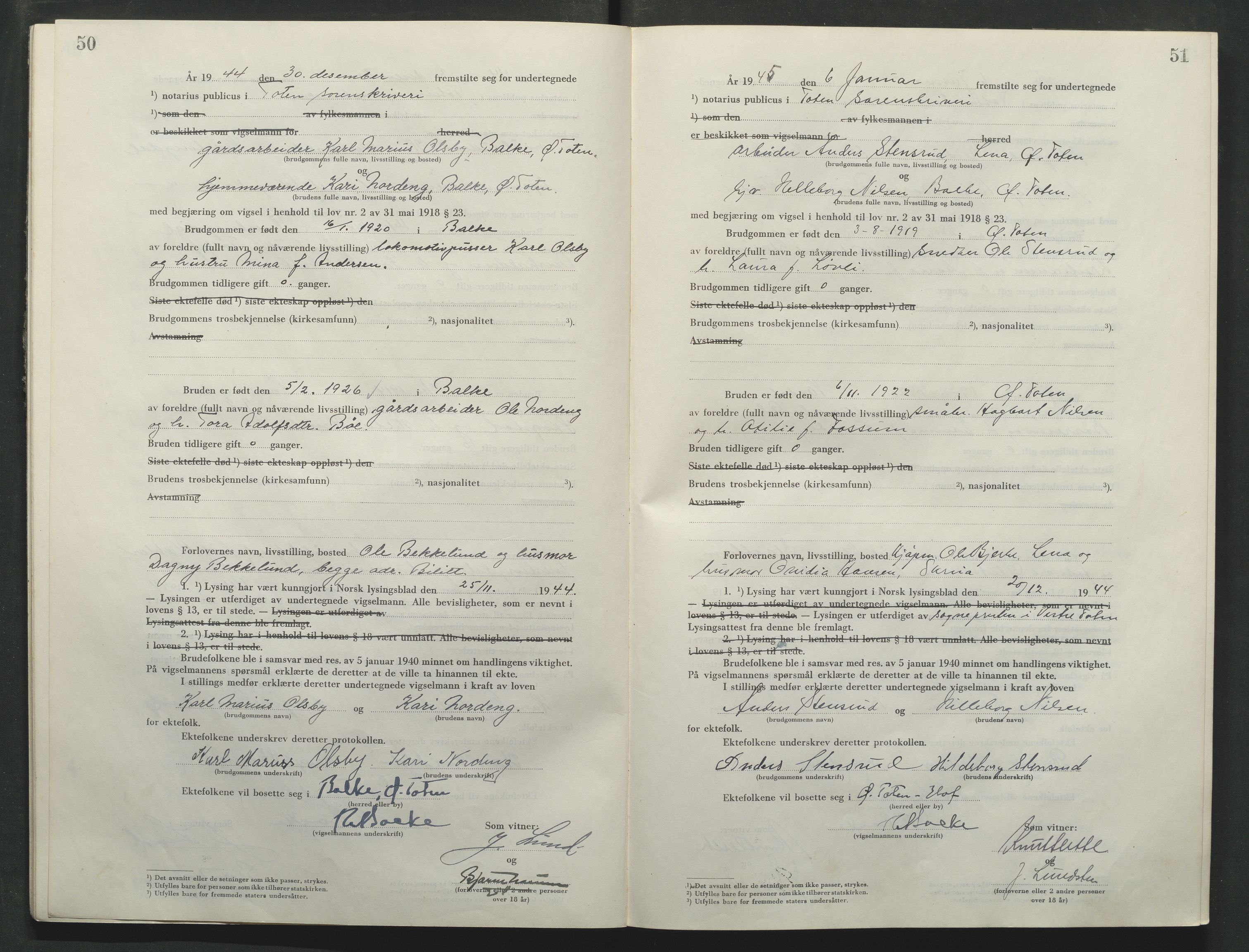 Toten tingrett, AV/SAH-TING-006/L/Lc/L0005: Vigselbok, 1944-1948, s. 50-51