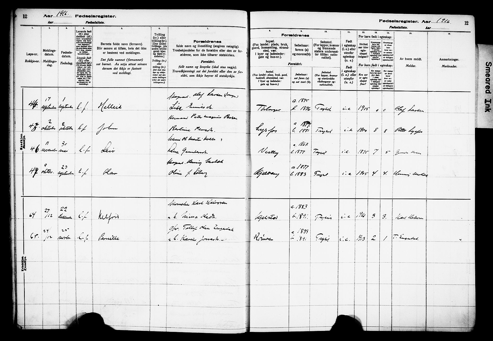 Trysil prestekontor, AV/SAH-PREST-046/I/Id/Ida/L0001: Fødselsregister nr. I 1, 1916-1927, s. 12