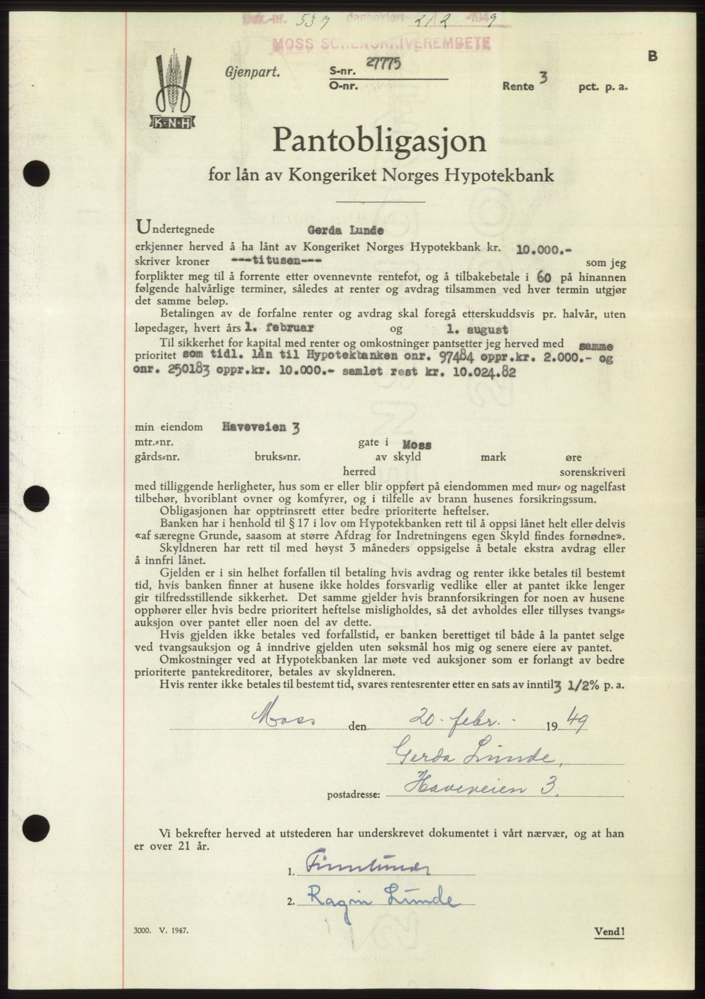 Moss sorenskriveri, SAO/A-10168: Pantebok nr. B21, 1949-1949, Dagboknr: 537/1949