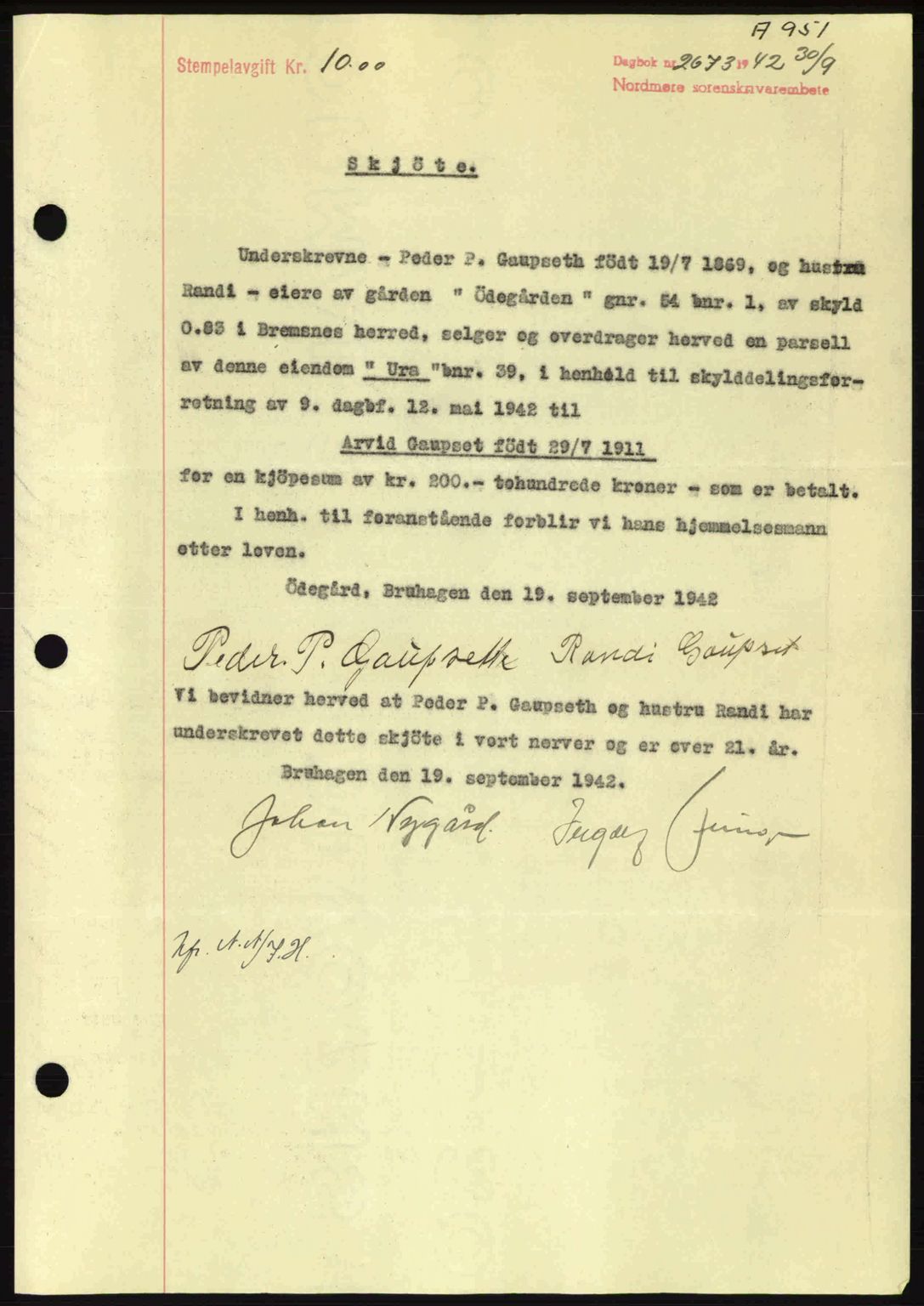Nordmøre sorenskriveri, SAT/A-4132/1/2/2Ca: Pantebok nr. A93, 1942-1942, Dagboknr: 2673/1942