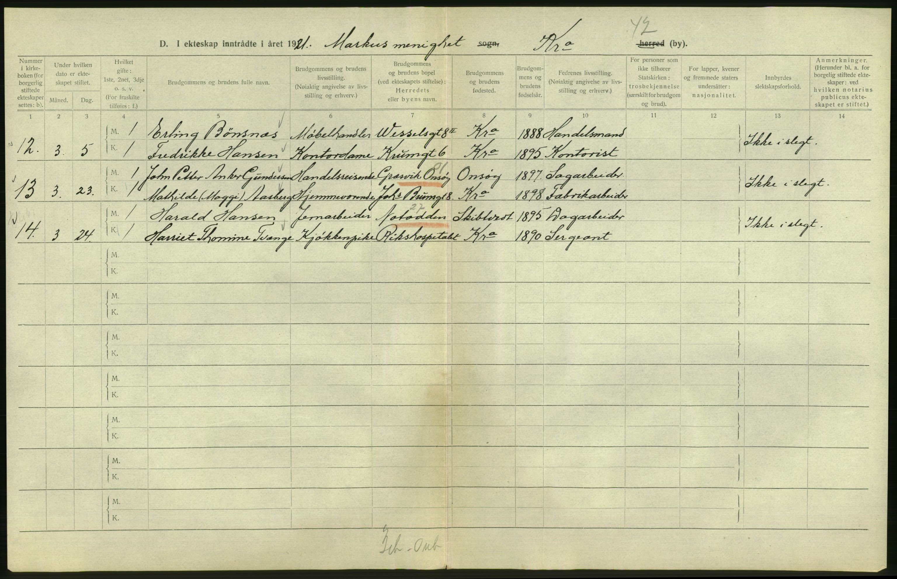 Statistisk sentralbyrå, Sosiodemografiske emner, Befolkning, AV/RA-S-2228/D/Df/Dfc/Dfca/L0011: Kristiania: Gifte, 1921, s. 350