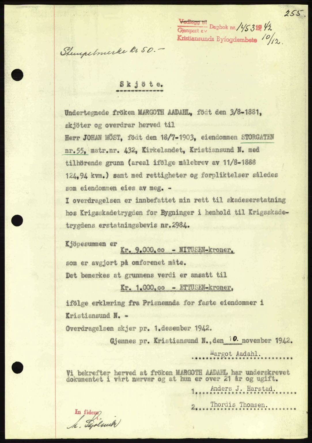 Kristiansund byfogd, AV/SAT-A-4587/A/27: Pantebok nr. 34, 1941-1945, Dagboknr: 1453/1942