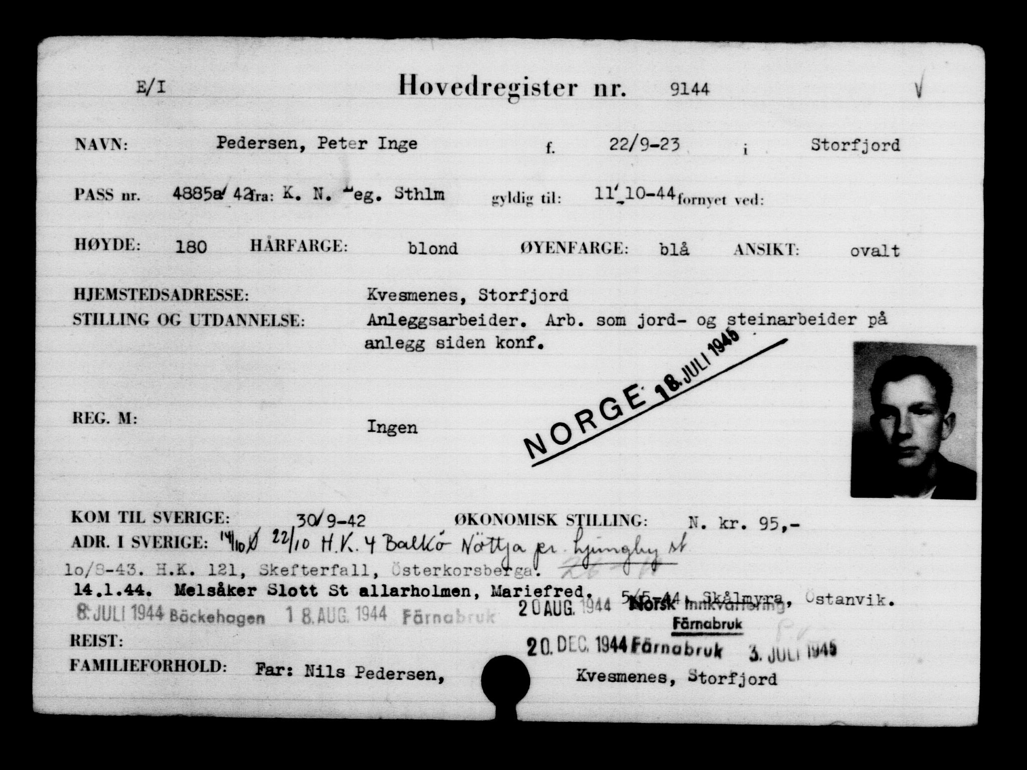 Utenriksstasjonene, Legasjonen i Stockholm, Flyktningkontoret, AV/RA-S-6753/V/Va/L0005: Kjesäterkartoteket, flyktninger med registreringsnr. 6600-9417, 1940-1945, s. 3001