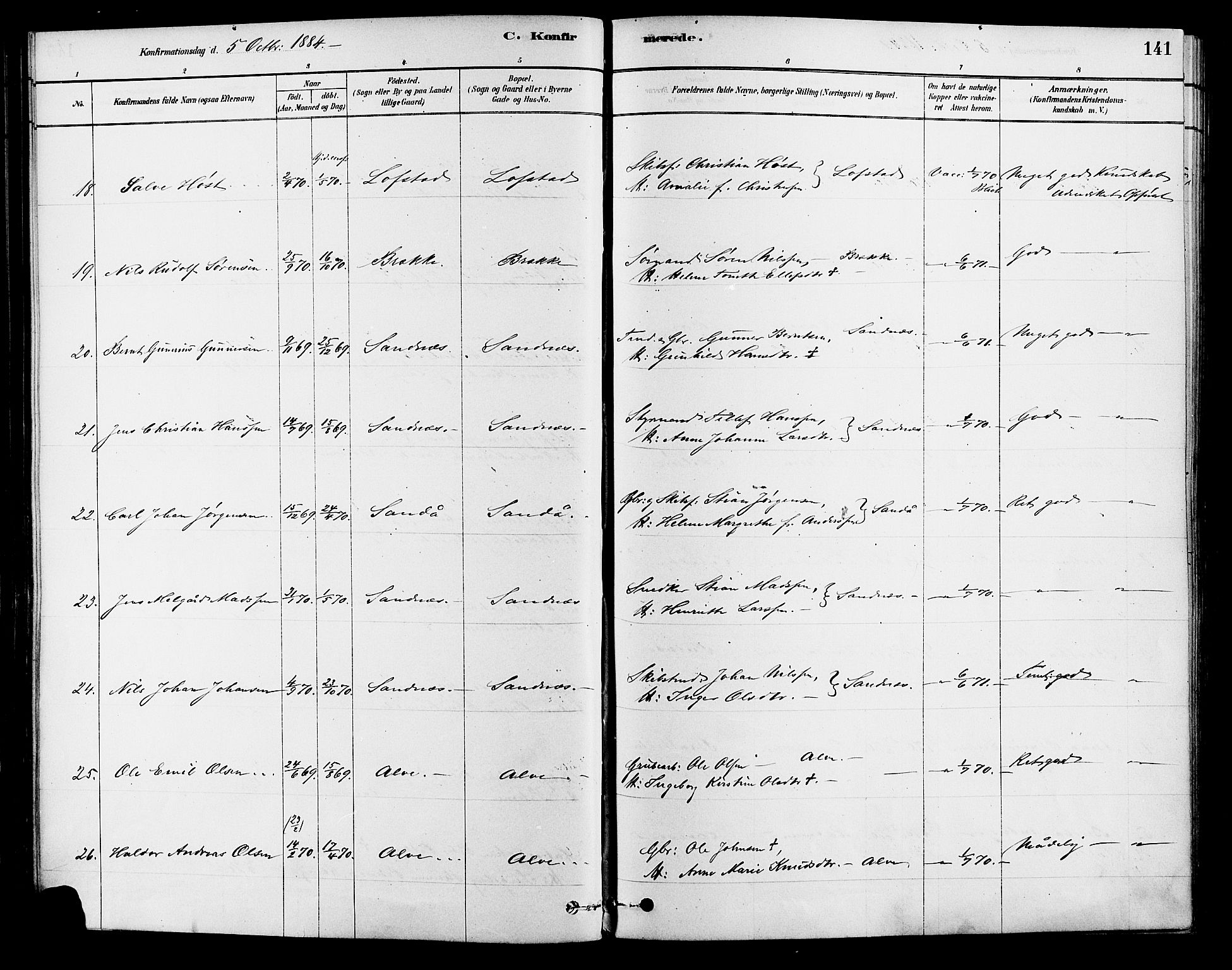 Tromøy sokneprestkontor, SAK/1111-0041/F/Fa/L0009: Ministerialbok nr. A 9, 1878-1896, s. 141