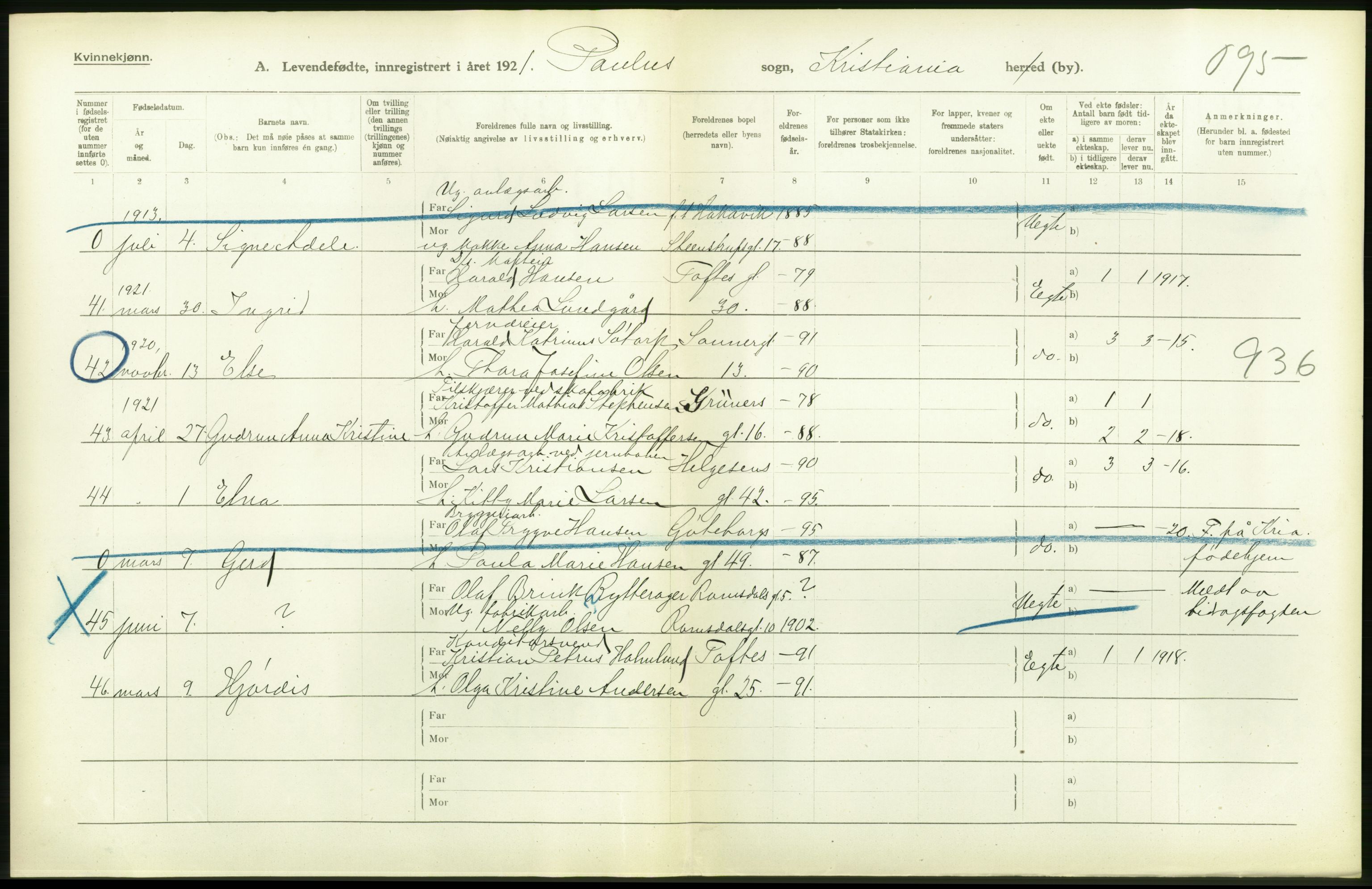 Statistisk sentralbyrå, Sosiodemografiske emner, Befolkning, AV/RA-S-2228/D/Df/Dfc/Dfca/L0008: Kristiania: Levendefødte menn og kvinner., 1921, s. 178