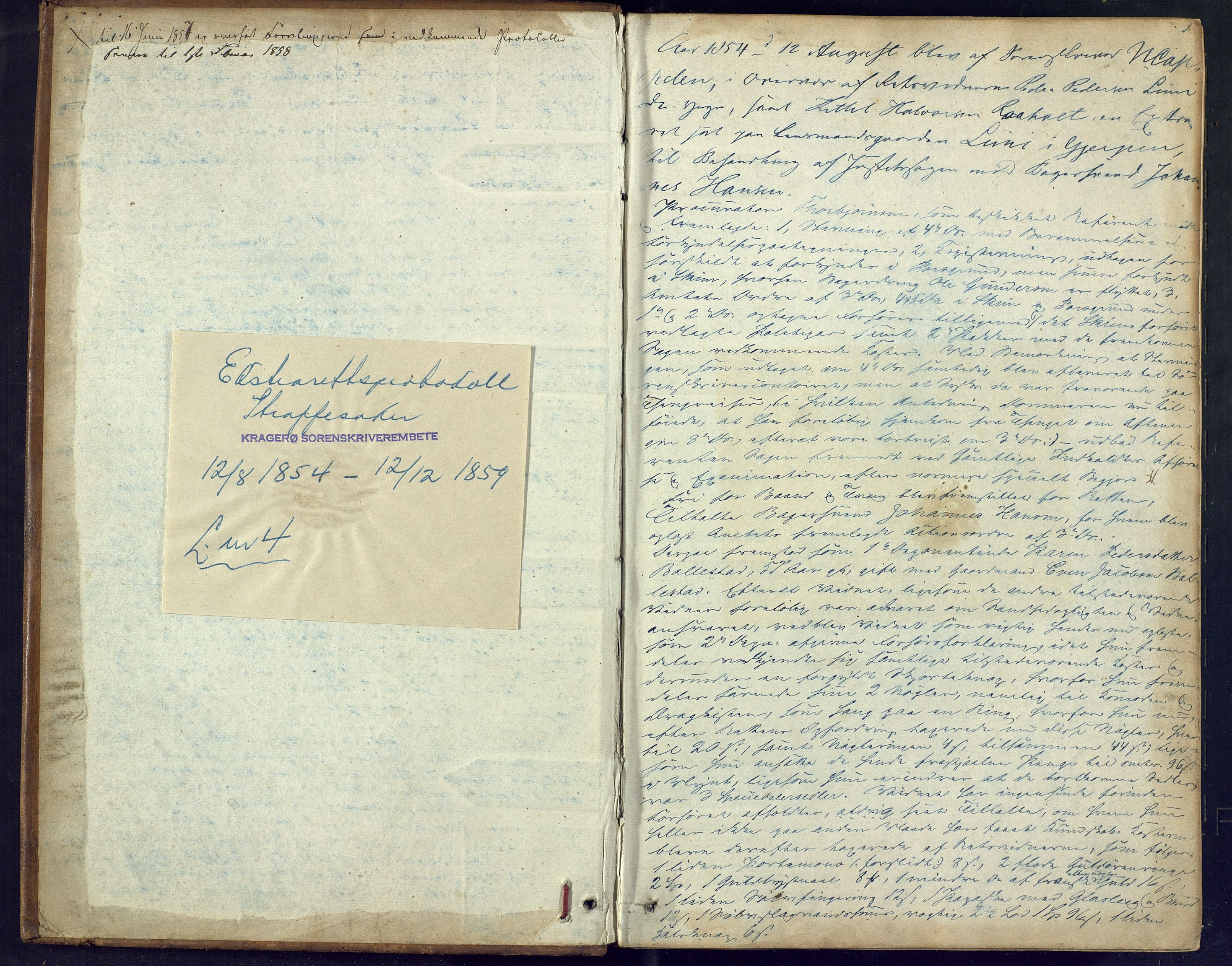 Bamble sorenskriveri, SAKO/A-214/F/Fc/Fcb/L0003: Ekstrarettprotokoll, 1854-1859, s. 0-1